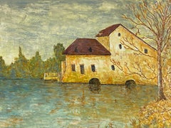 Vintage 1950's Modernist Painting  - French Building Over Lake