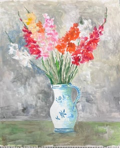 1950's Modernist Painting Gladioli Flowers In China White Jug