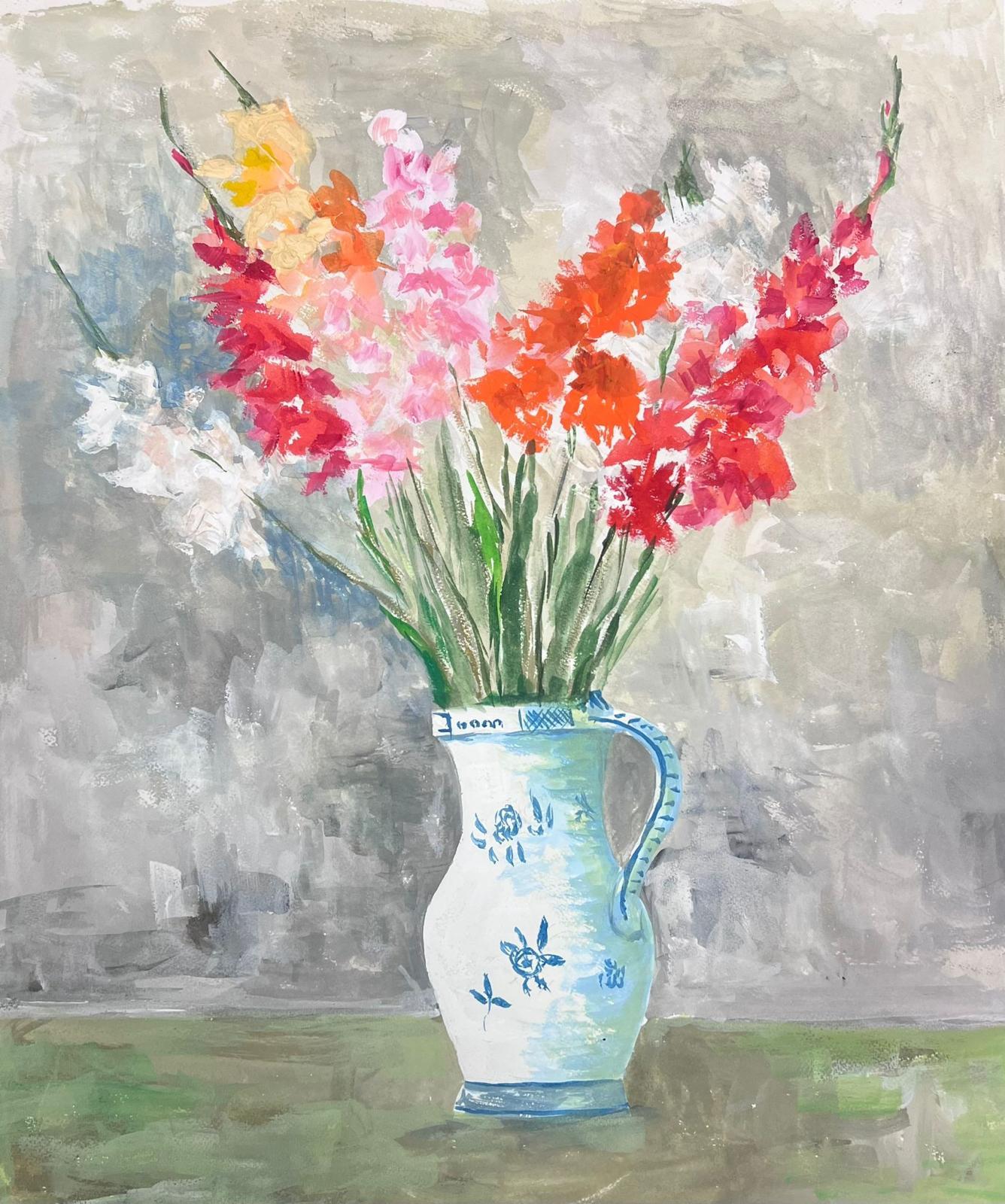 Still-Life Painting Bernard Labbe - Peinture moderniste des années 1950 Fleurs de glaïeuls en porcelaine Jug blanc
