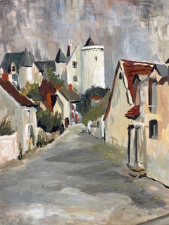 1950's Modernist Painting  - Grey Skies Over French Peaceful Town