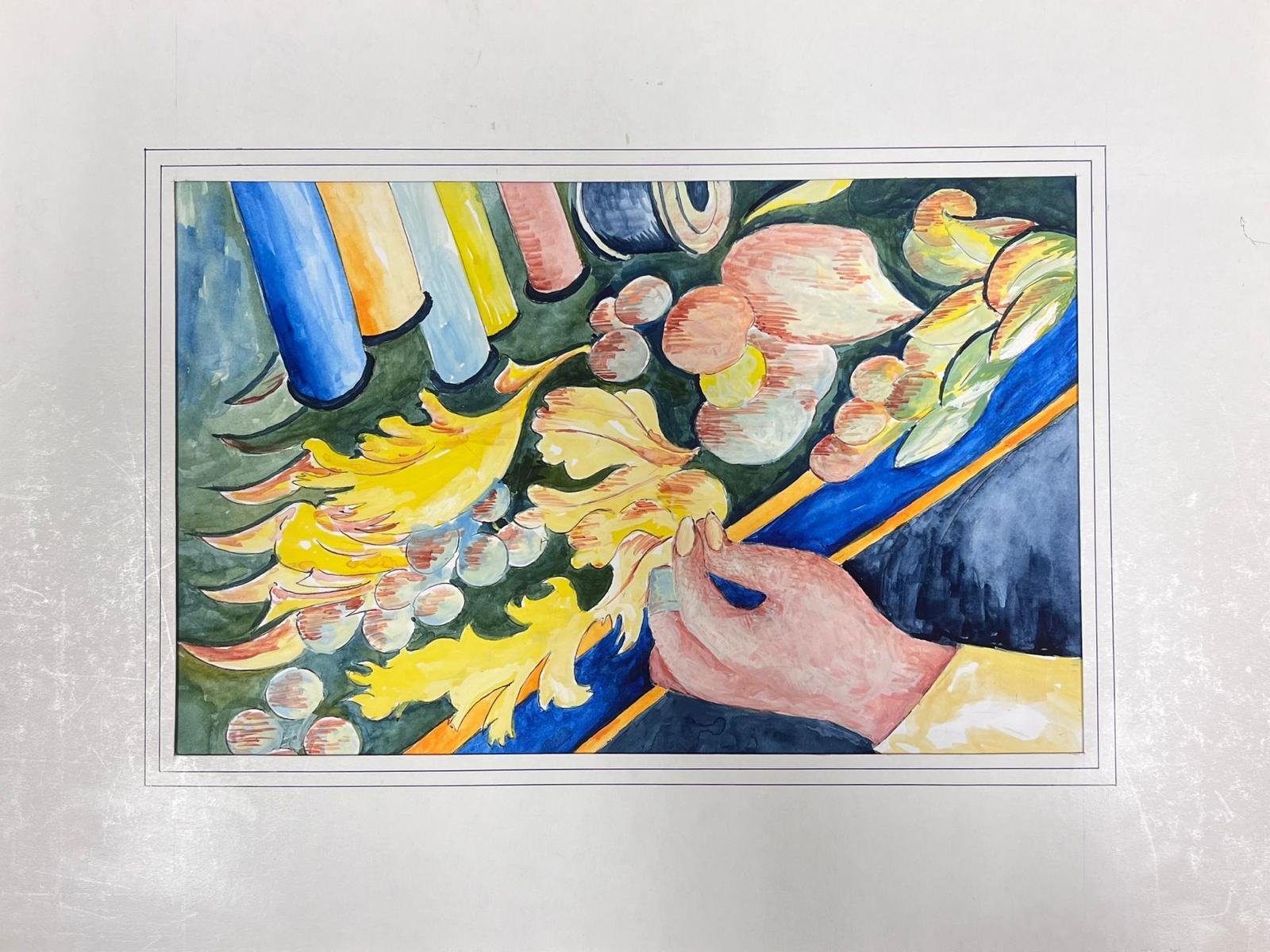 Peinture moderniste des années 1950 Mains enfilant l'aiguille  - Painting de Bernard Labbe