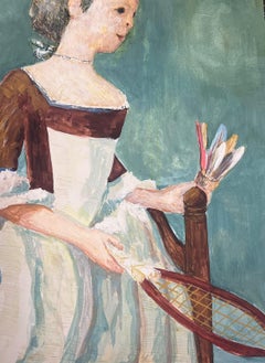 1950's Modernist Painting Lady Maid Holding Badminton Sporting Equipment