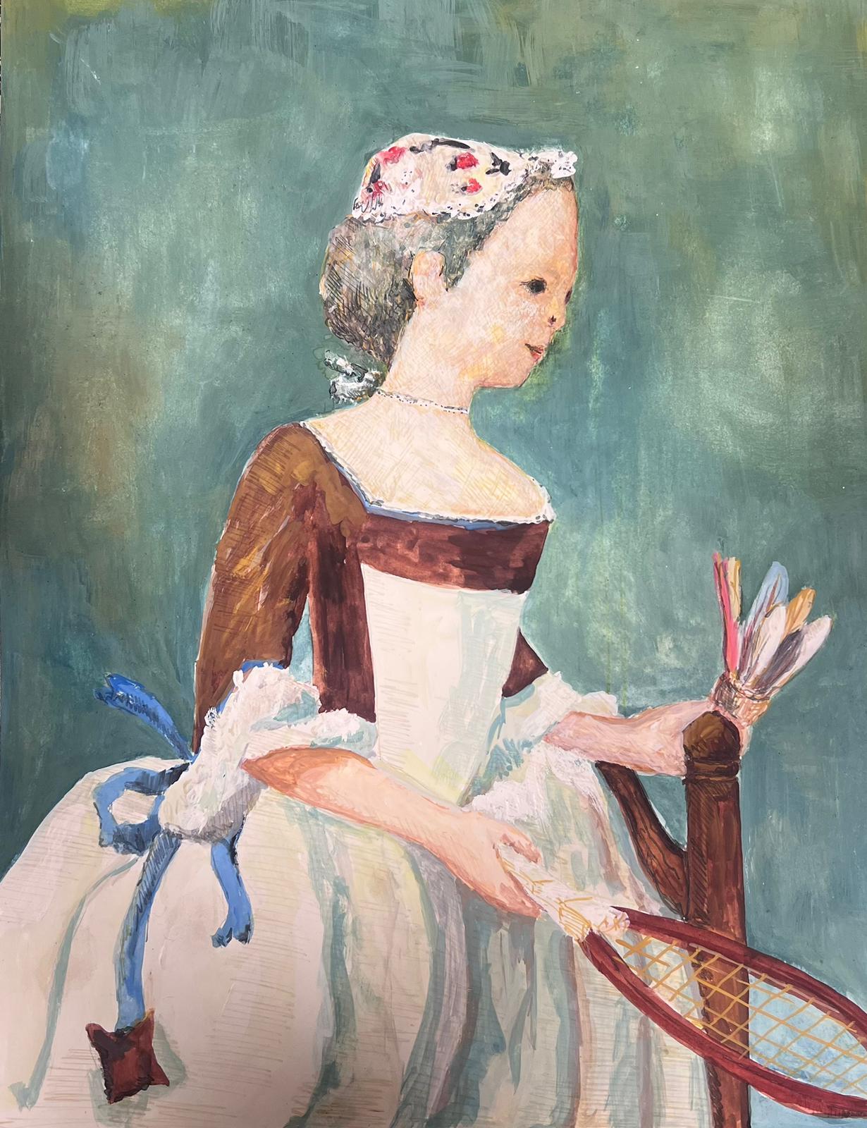 Figurative Painting di Bernard Labbe - Quadro modernista degli anni '50 Signora cameriera con attrezzatura sportiva da badminton in mano
