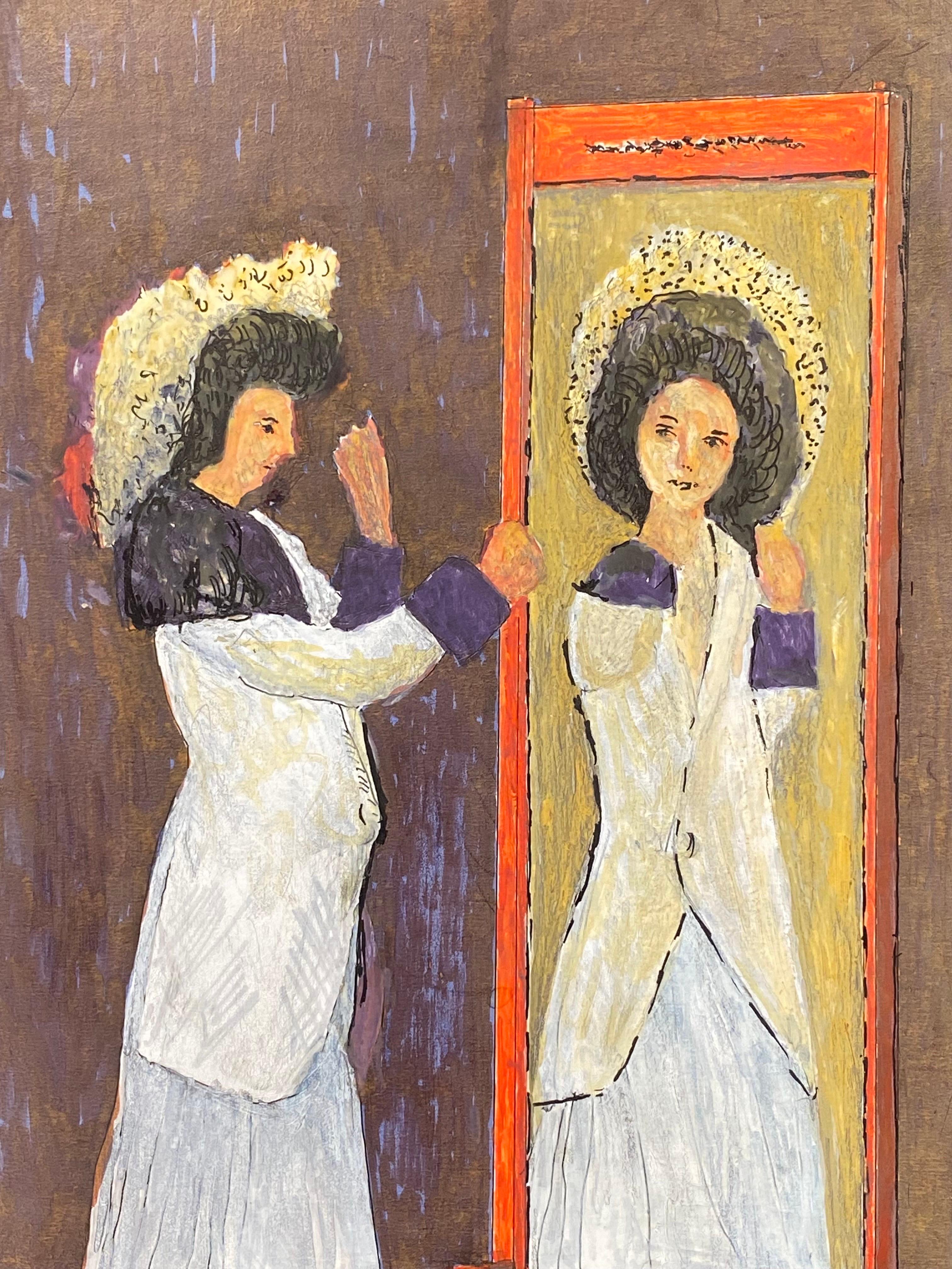 Pintura modernista de los años 50  - Señora Reflejo En Espejo - Painting de Bernard Labbe
