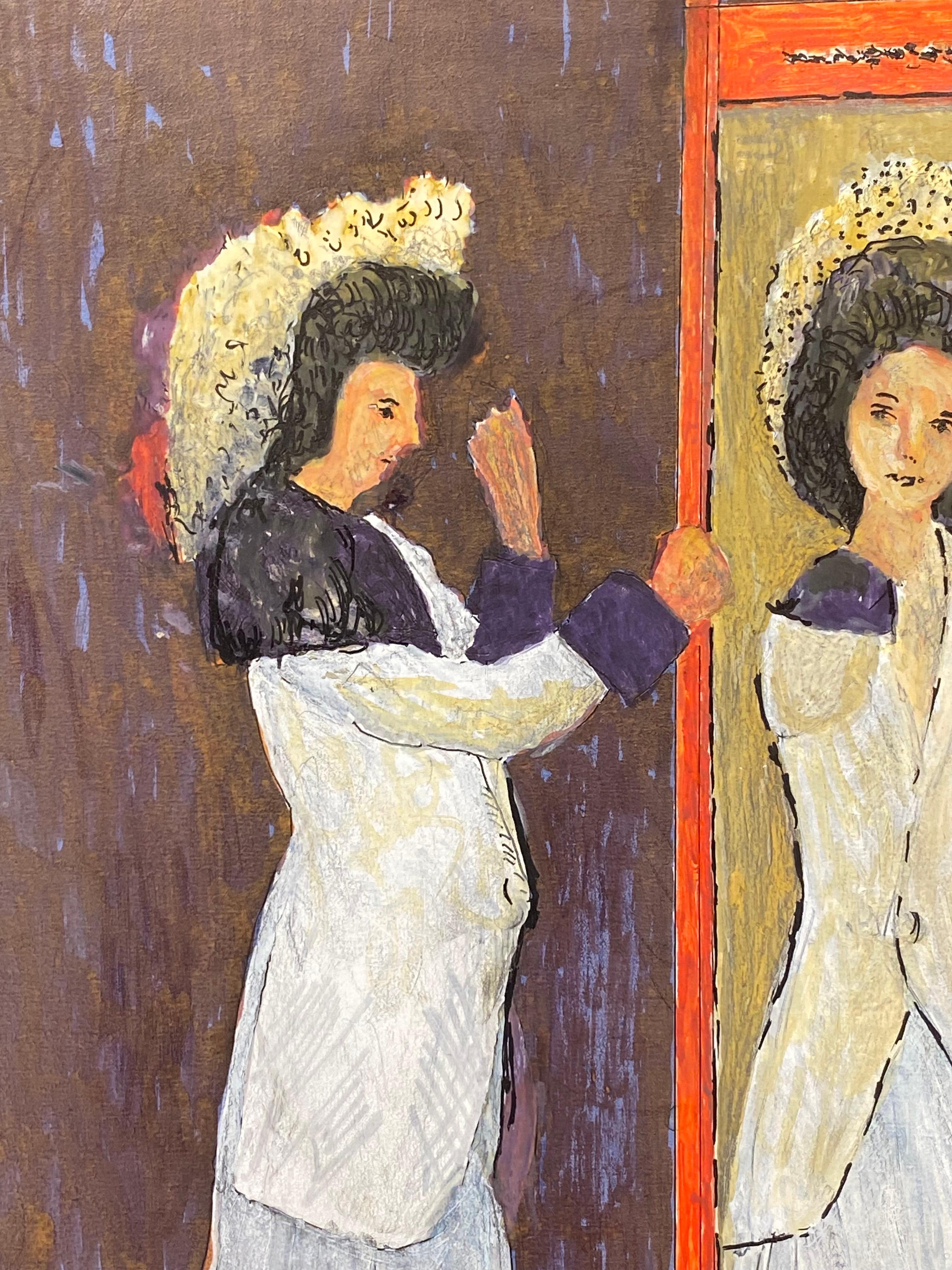 1950's Modernist Painting  - Lady Reflection In Mirror - Brown Figurative Painting by Bernard Labbe