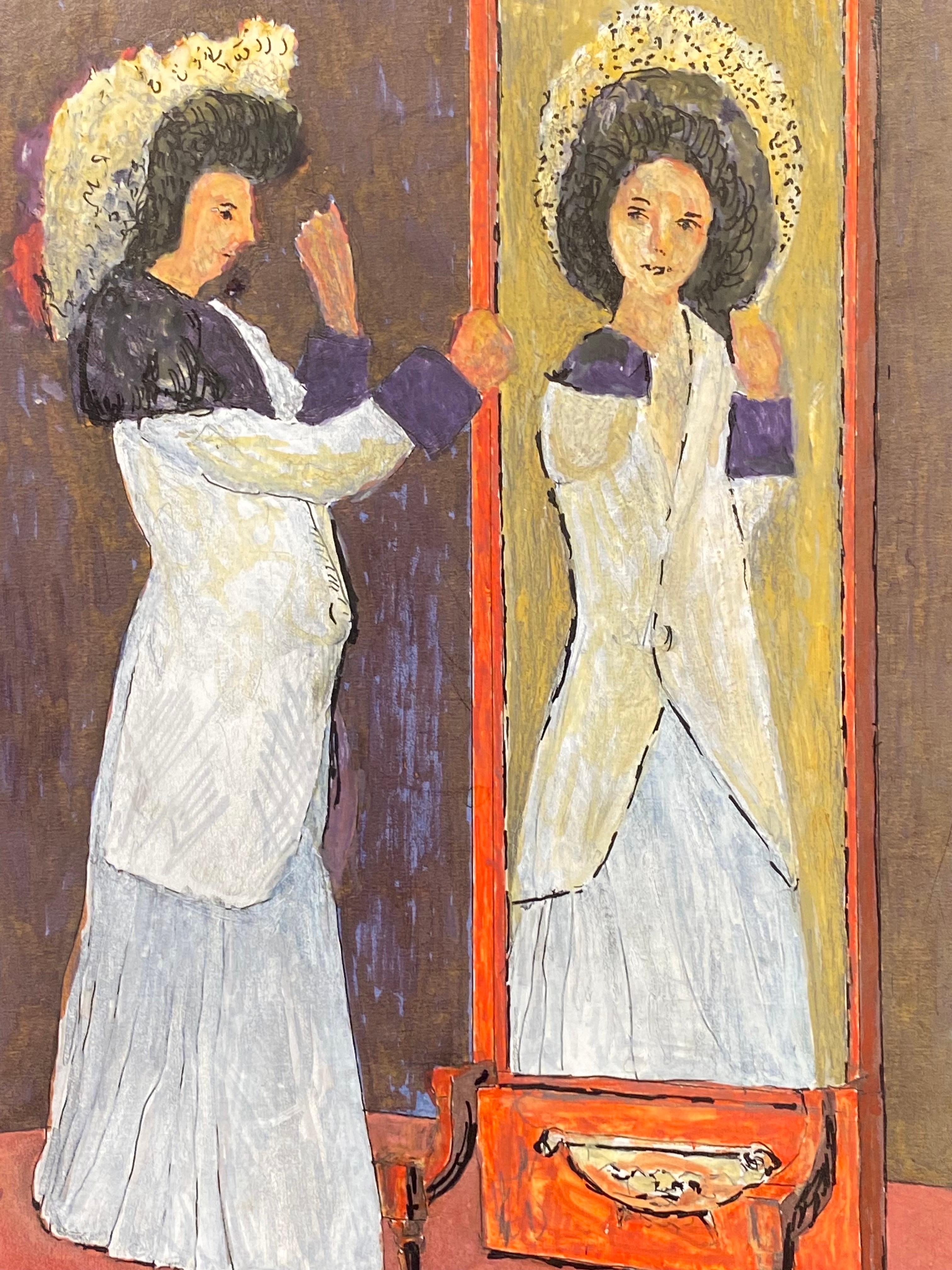 Mirror Reflection
by Bernard Labbe (French mid 20th century), stamped verso
original gouache/watercolour painting on board
overall size: 11 x 8 inches
condition: very good and ready to be enjoyed. 

provenance: the artists atelier/ studio, France