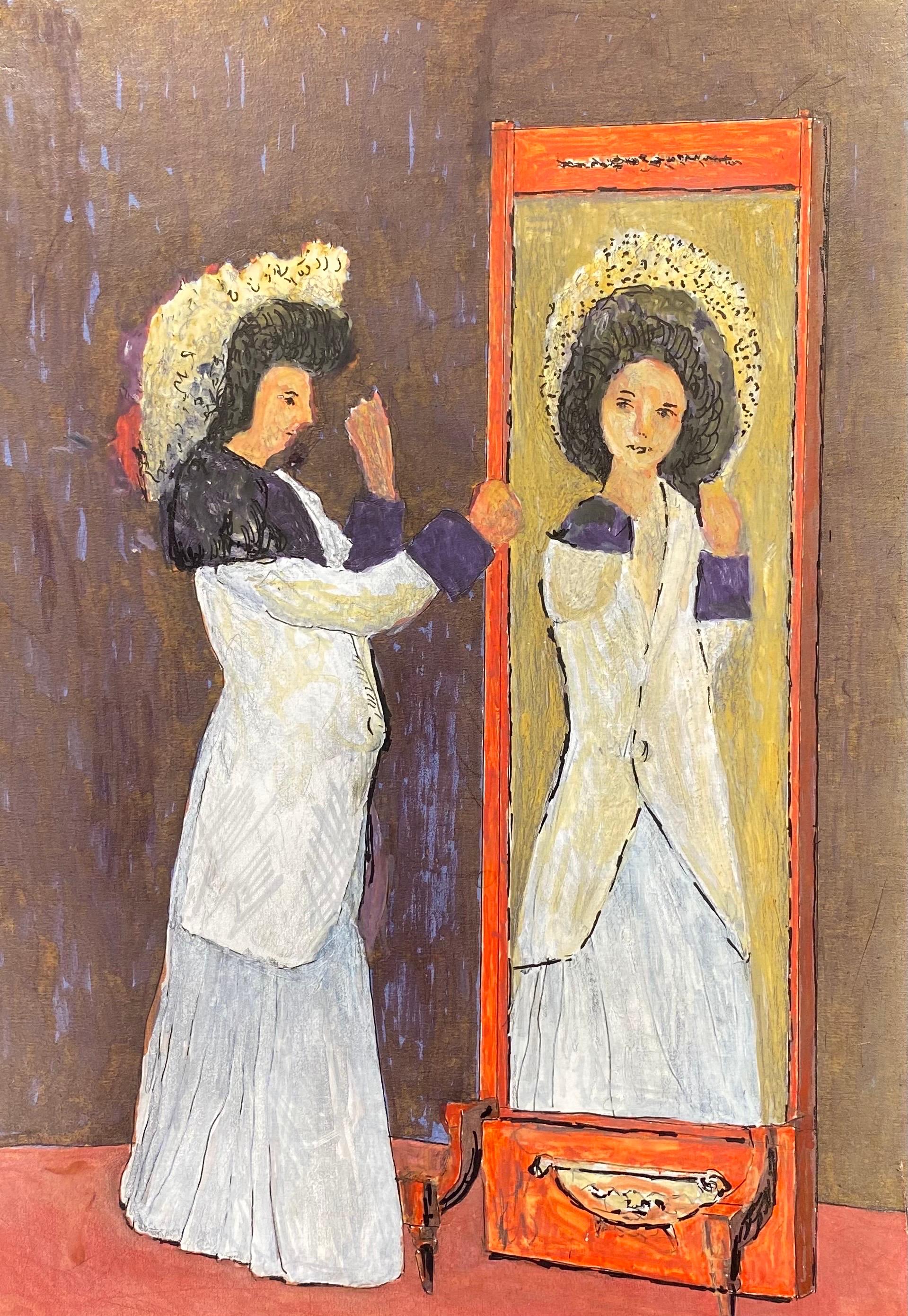 Peinture moderniste des années 1950  - « Lady Reflection In Mirror »