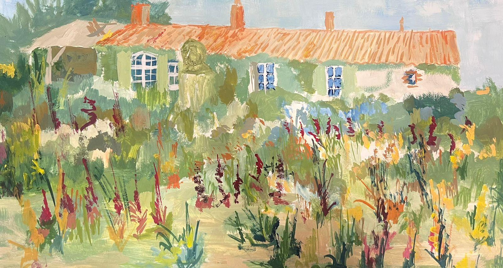 1950's Modernist Painting Old French Farmhouse in Gardens looks like Monet's For Sale 2