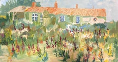 Modernistisches Gemälde aus den 1950er Jahren Altes französisches Bauernhaus in Gärten sieht aus wie von Monet