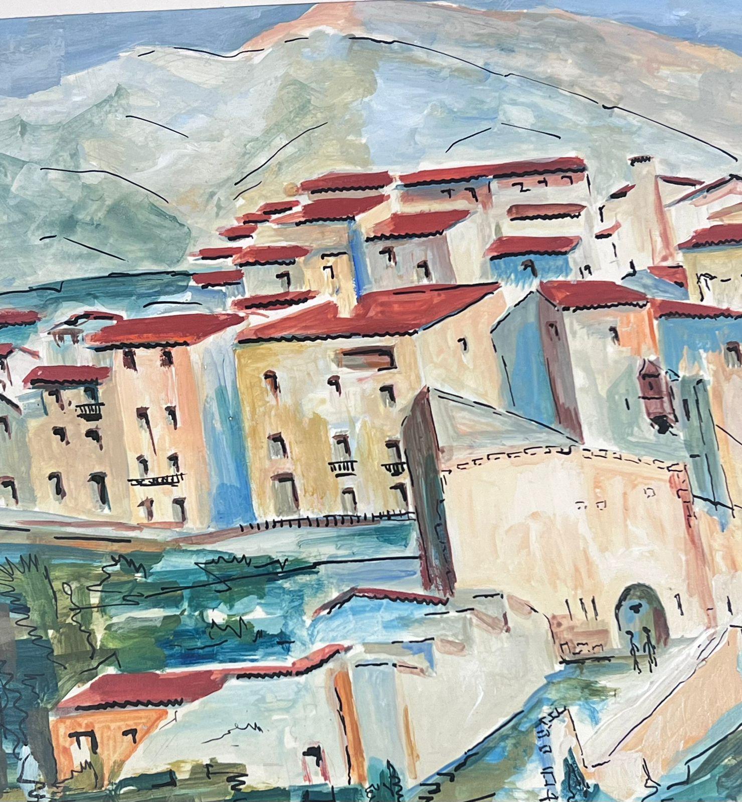 1950's Modernist Painting Old Medieval French Town City Buildings For Sale 1