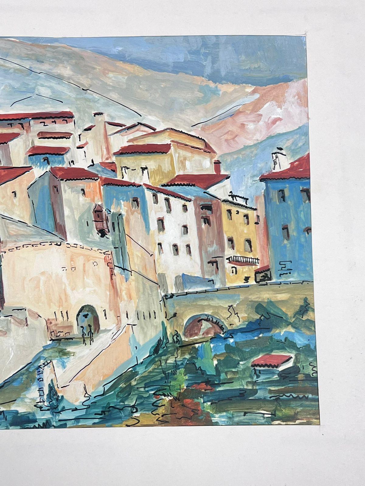 1950's Modernist Painting Old Medieval French Town City Buildings For Sale 2