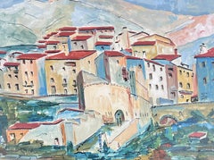 Peinture moderniste des années 1950 représentant d'anciens immeubles de villes médiévaux français