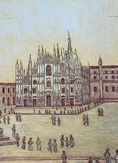 1950's Modernist Painting signed - Milan Cathedral Cityscape