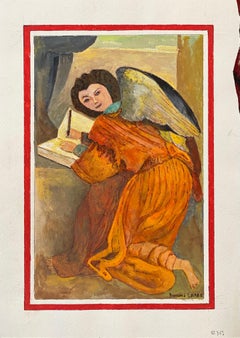 1950's Modernist Signed Painting  - Angelic Figure Writing Portrait