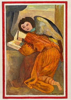 1950's Modernist Signed Painting  - Angelic Figure Writing Portrait