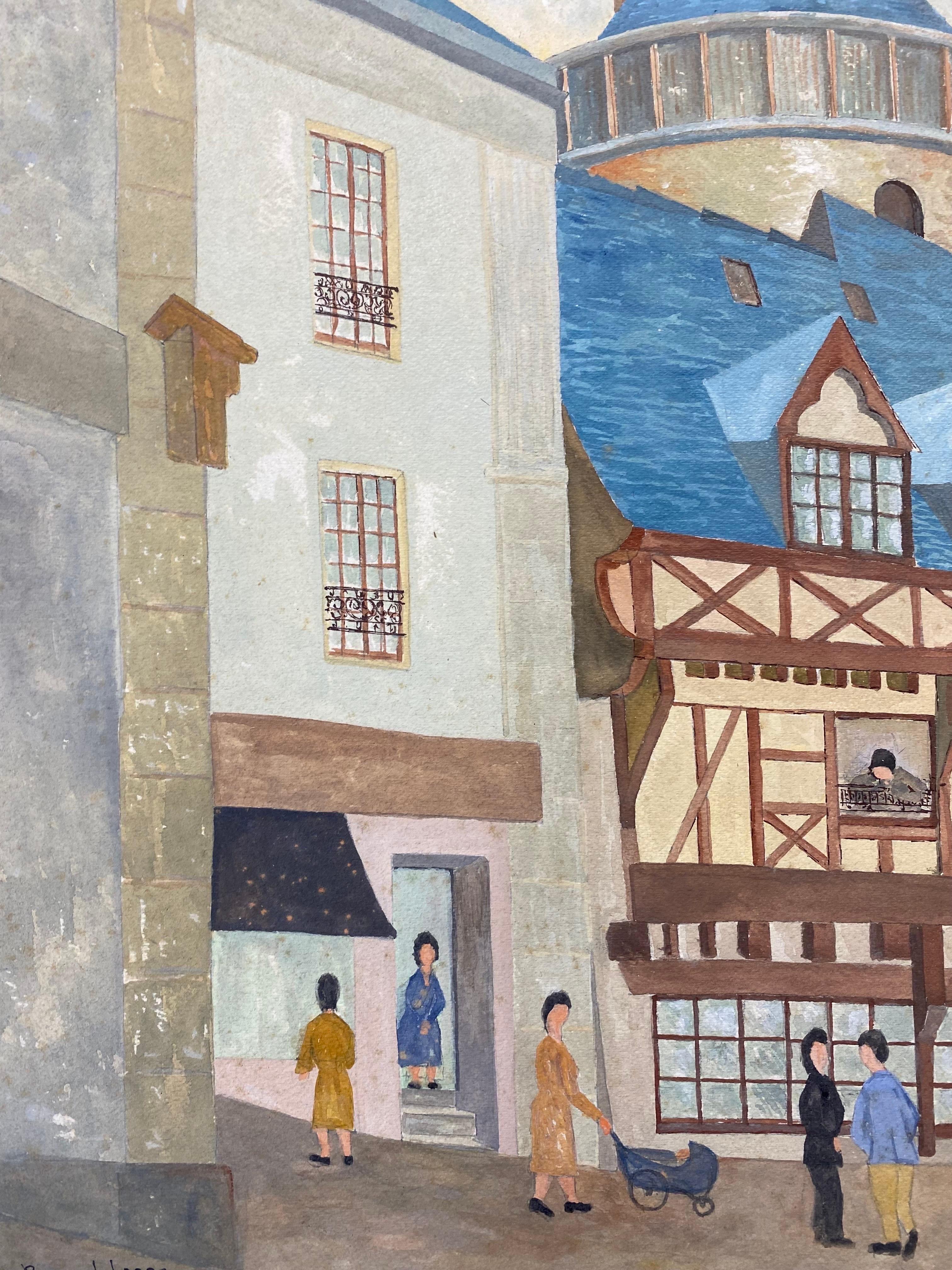 Peinture signée moderniste des années 1950  - Figures dans une ville française - Painting de Bernard Labbe