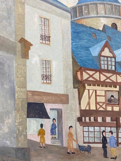 Peinture signée moderniste des années 1950 - Figures dans une ville française
