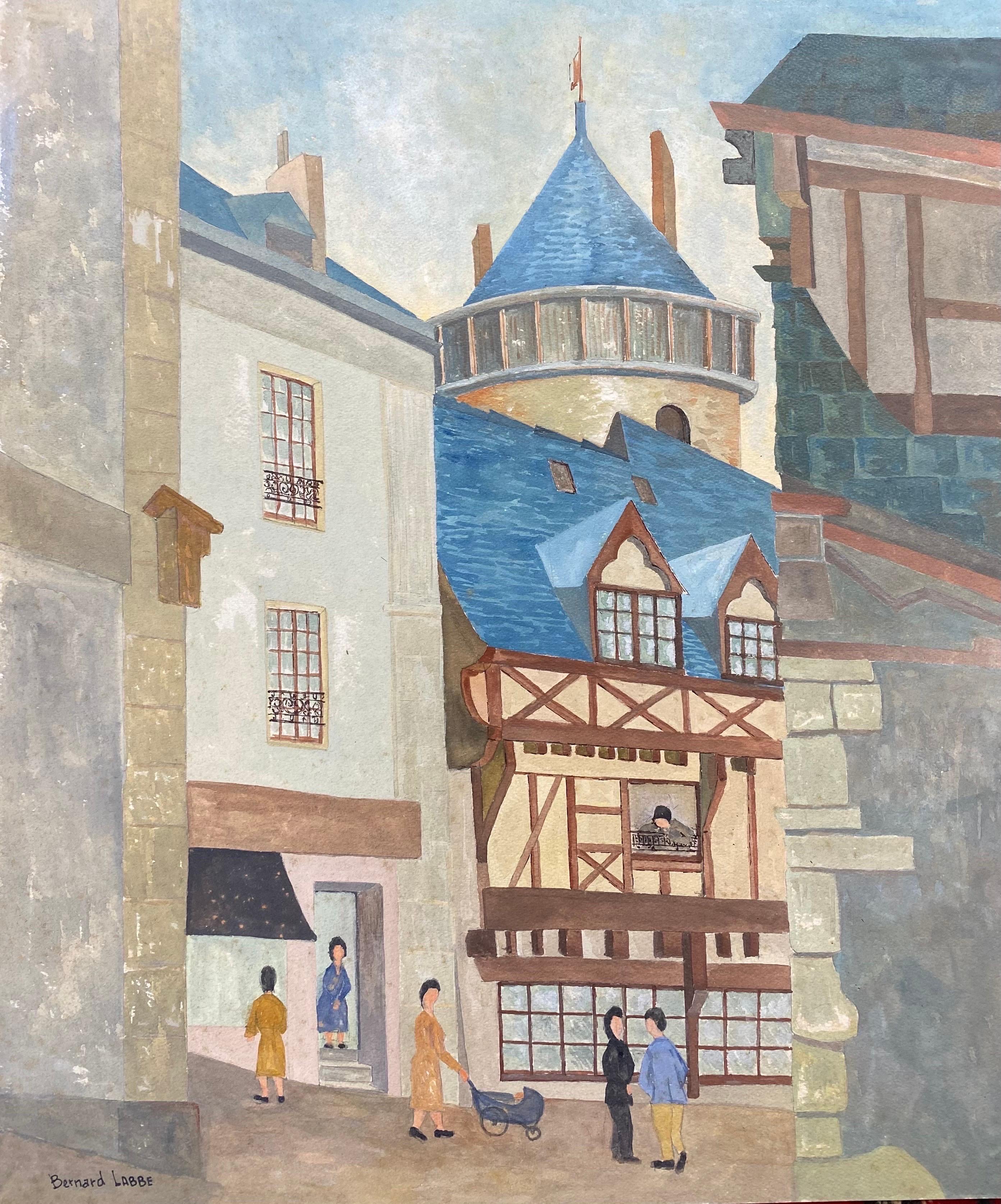 Bernard Labbe Landscape Painting - 1950's Modernist Signed Painting  - Figures In French Town