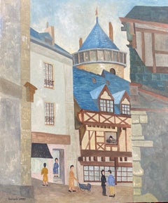 1950's Modernist Signed Painting  - Figures In French Town