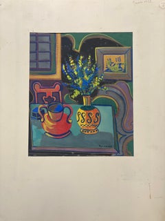 Pintura modernista firmada de los años 50  - Escena Abstracta Interior