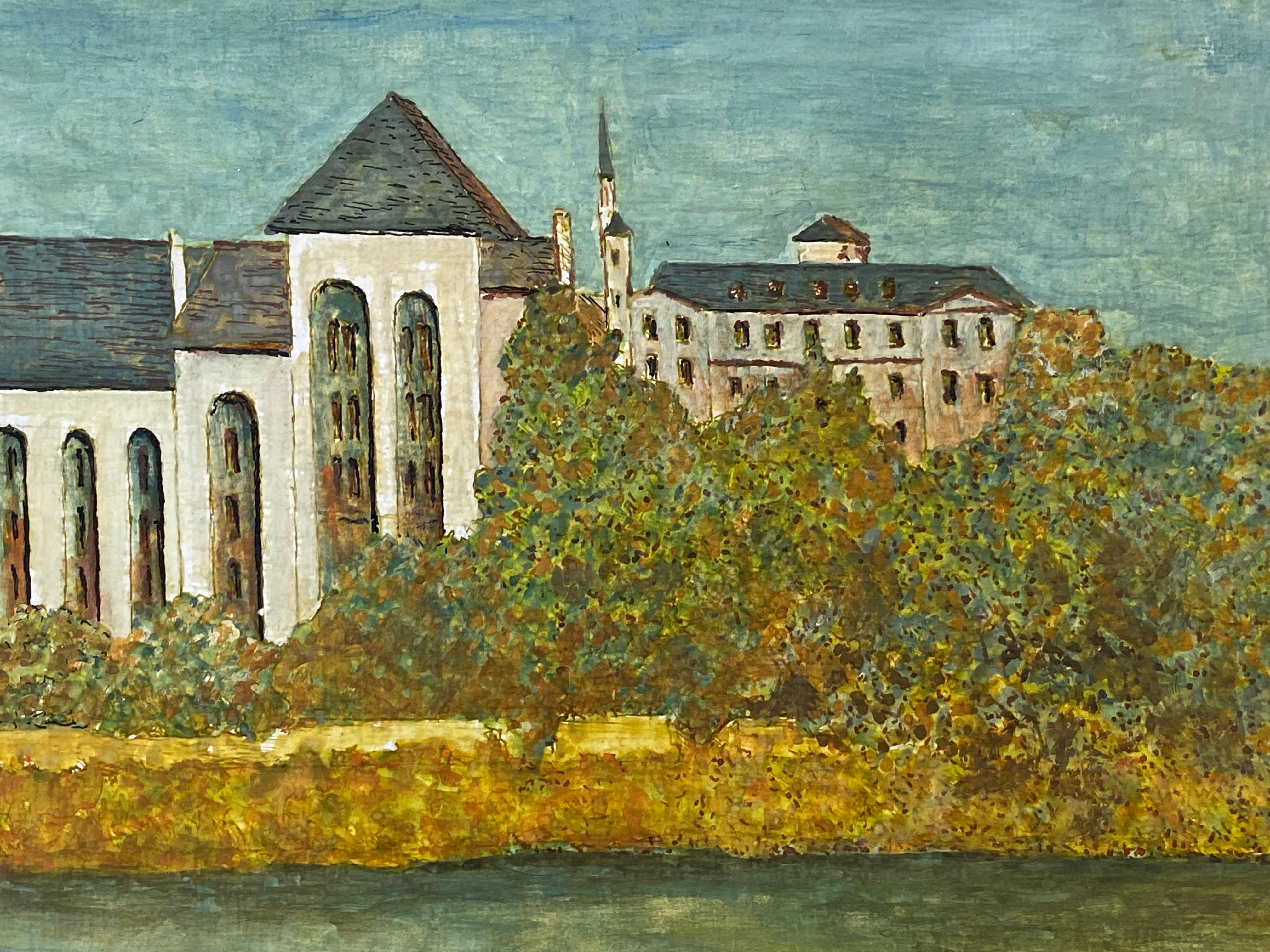 Peinture signée moderniste des années 1950  - Grand bâtiment français au-dessus d'un fleuve en vente 1