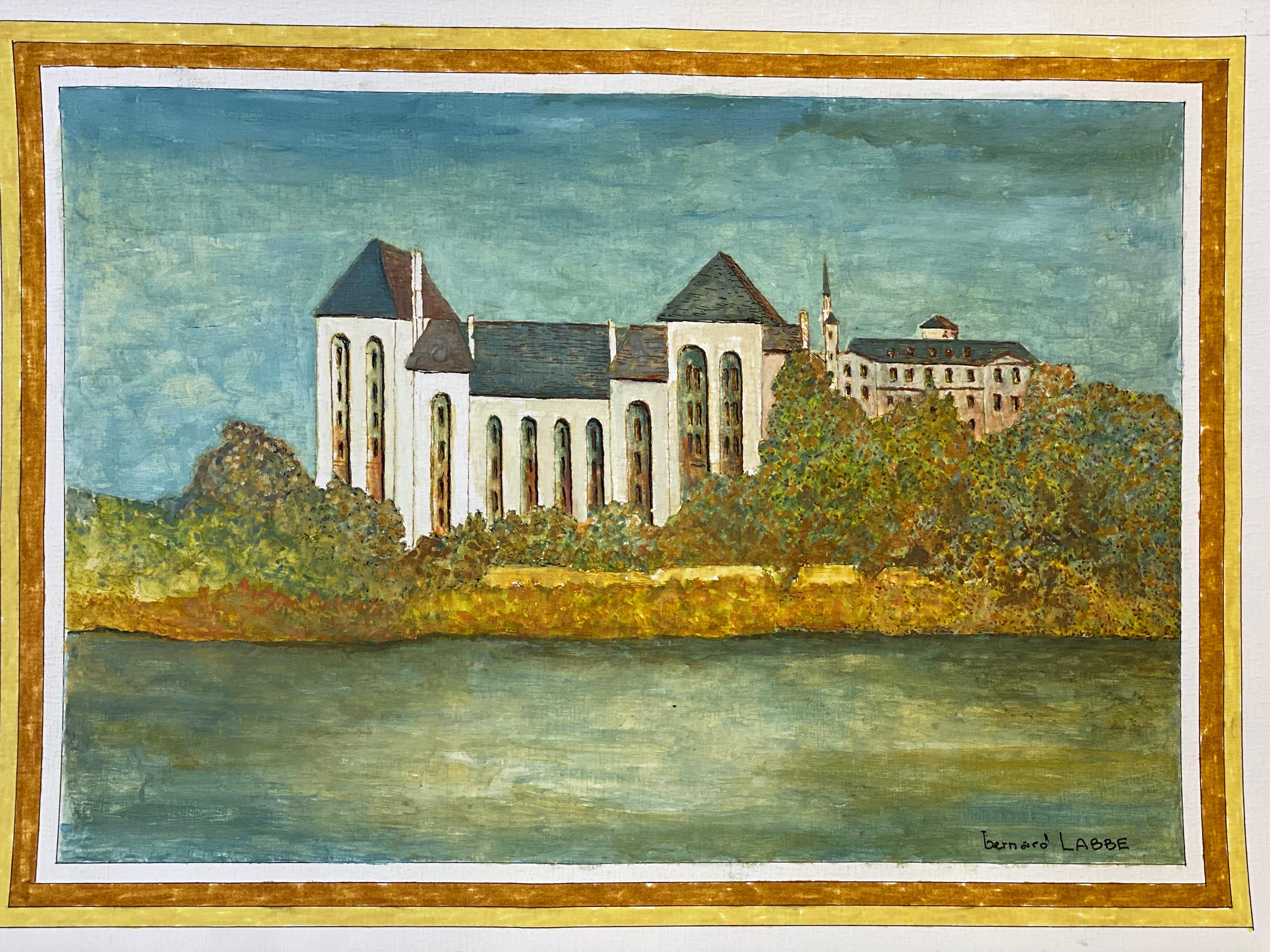 Landscape Art Bernard Labbe - Peinture signée moderniste des années 1950  - Grand bâtiment français au-dessus d'un fleuve