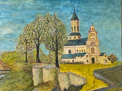 1950's Modernist Signed Painting  - Peaceful French Church Landscape