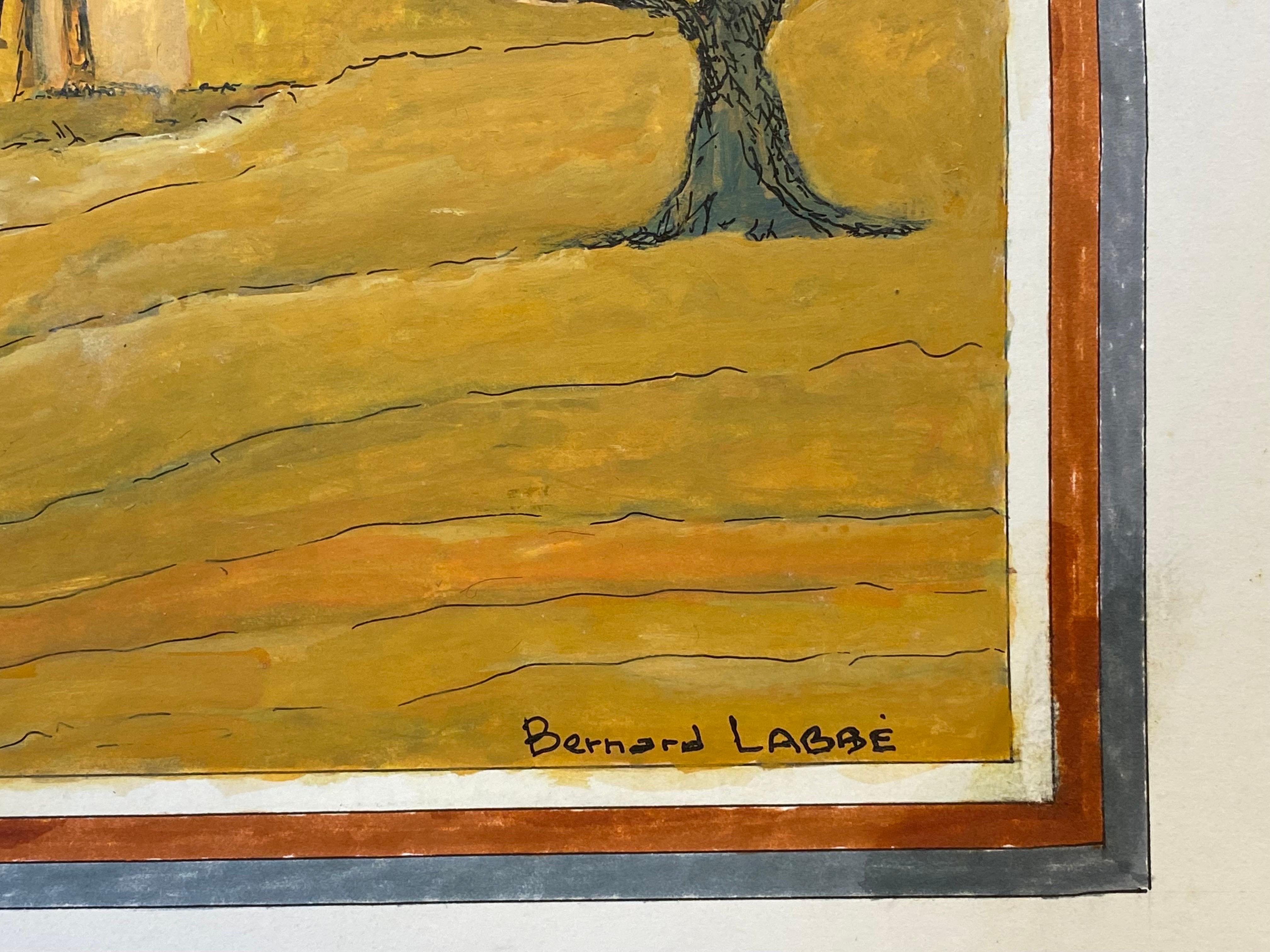 1950's Modernist Signed Painting  - Tranquil View Of French Buildings - Brown Landscape Art by Bernard Labbe