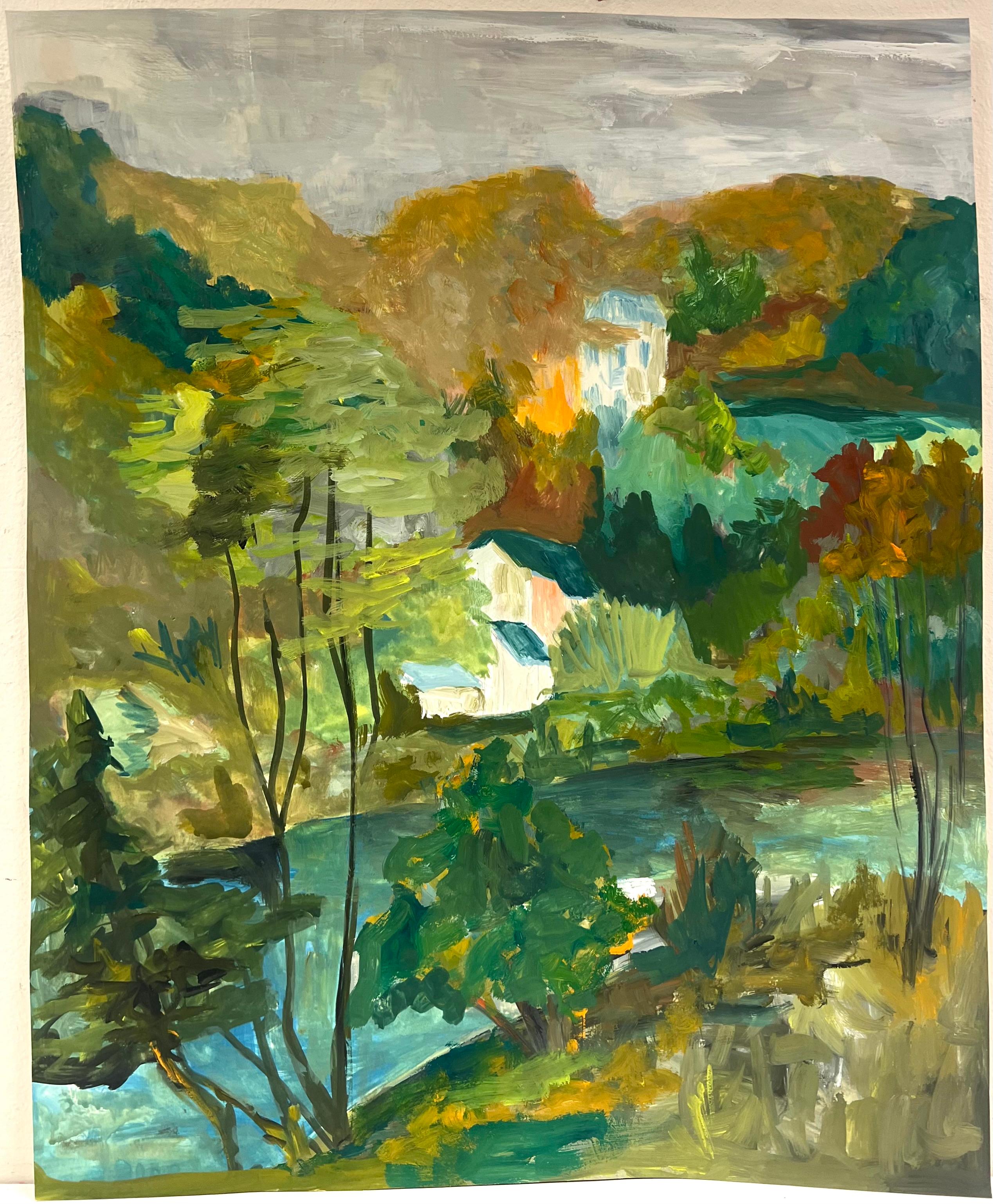 1950's Nestled Houses In Autumnal Riverside Landscape French Oil Landscape - Painting by Bernard Labbe