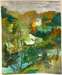 Maisons enchevêtrées dans un paysage de bord de rivière d'automne, paysage à l'huile français des années 1950