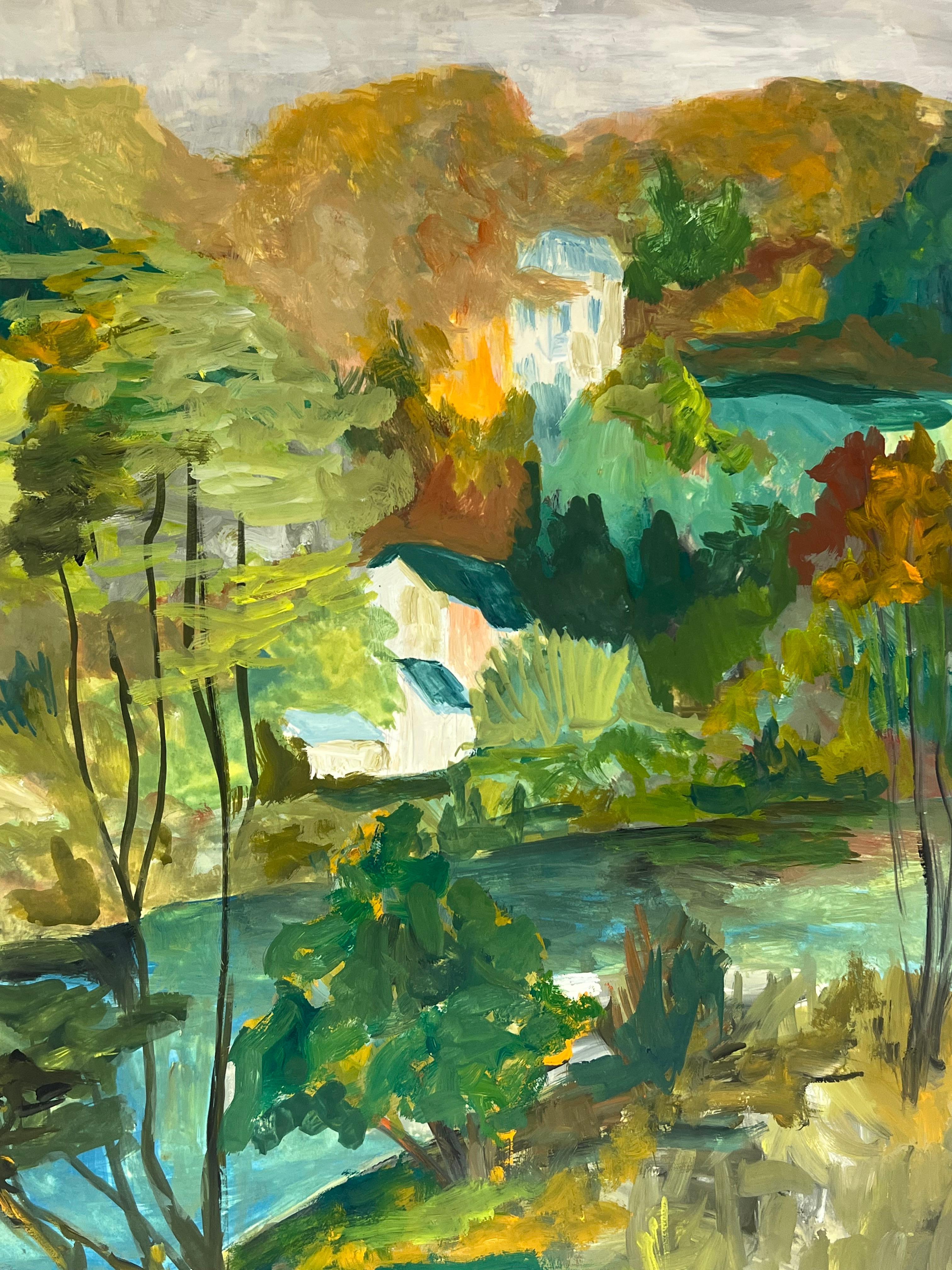 1950's Nestled Houses In Autumnal Riverside Landscape French Oil Landscape - Modern Painting by Bernard Labbe