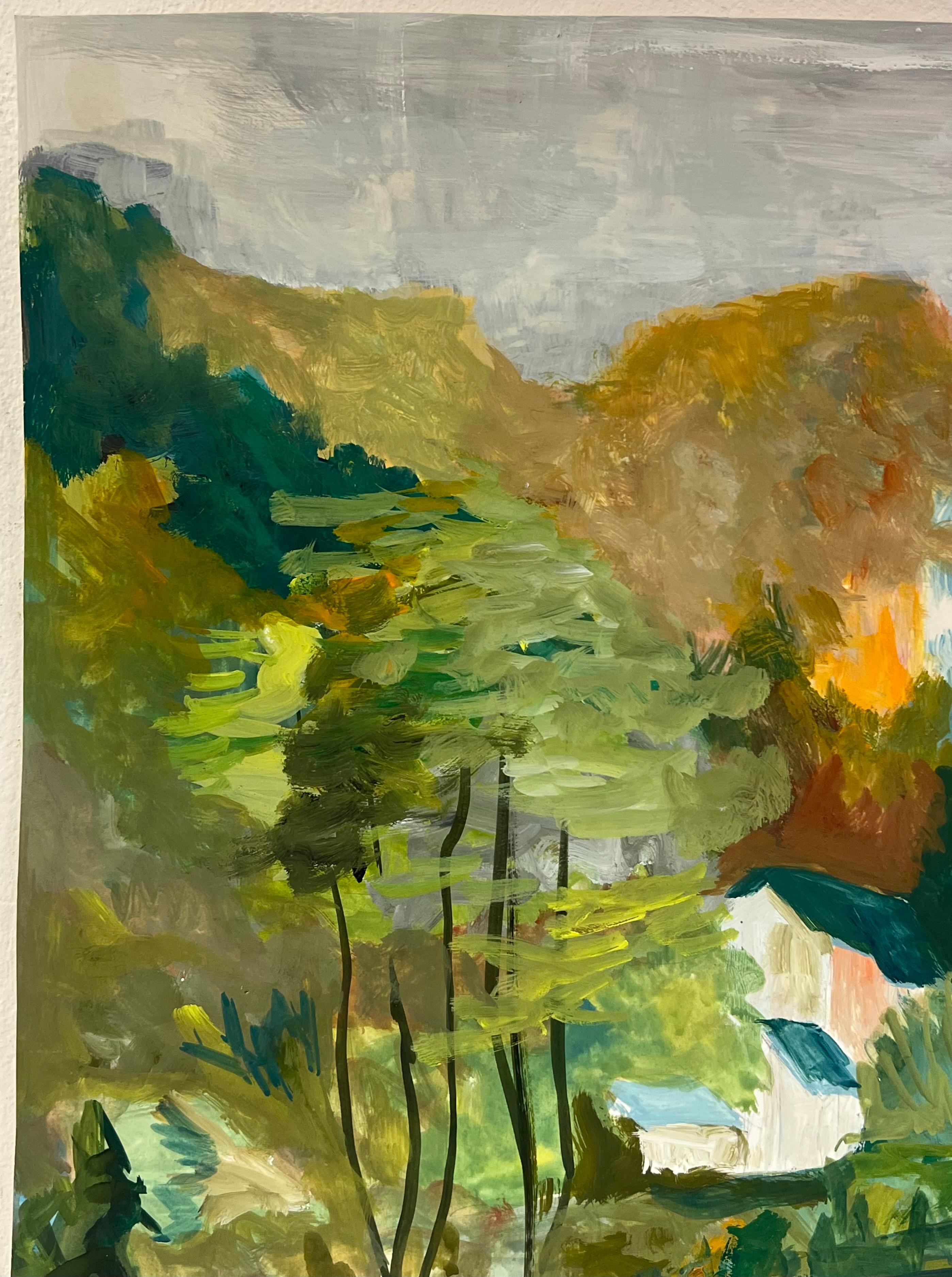 1950's Nestled Houses In Autumnal Riverside Landscape French Oil Landscape - Brown Landscape Painting by Bernard Labbe