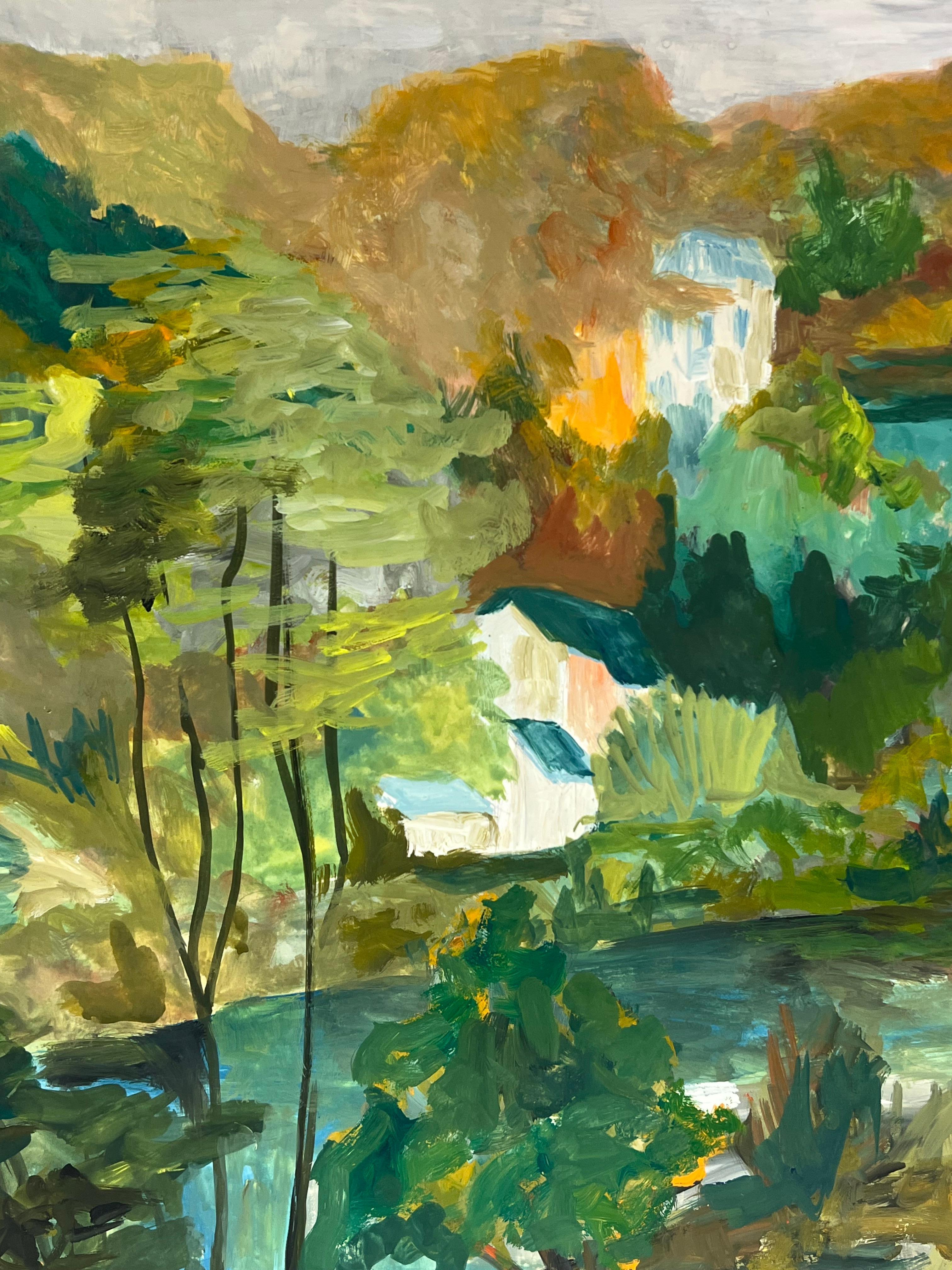 Riverside Landscape
by Bernard Labbe (French mid 20th century)
original oil on artist paper
size: 18.5 x 15 inches
condition: very good and ready to be enjoyed

Description: This painting captures a serene riverside scene surrounded by dense,