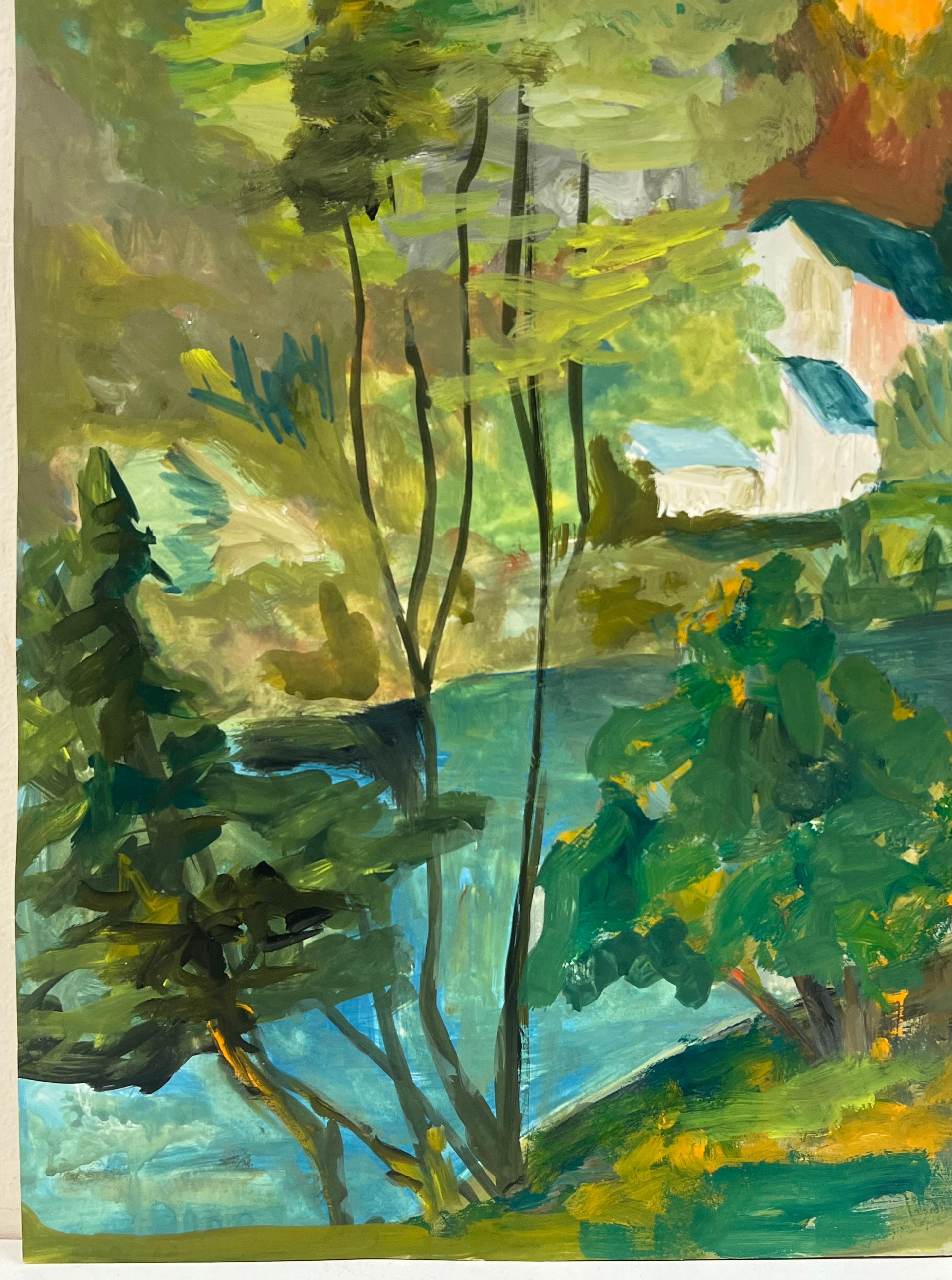 1950's Nestled Houses In Autumnal Riverside Landscape French Oil Landscape For Sale 1