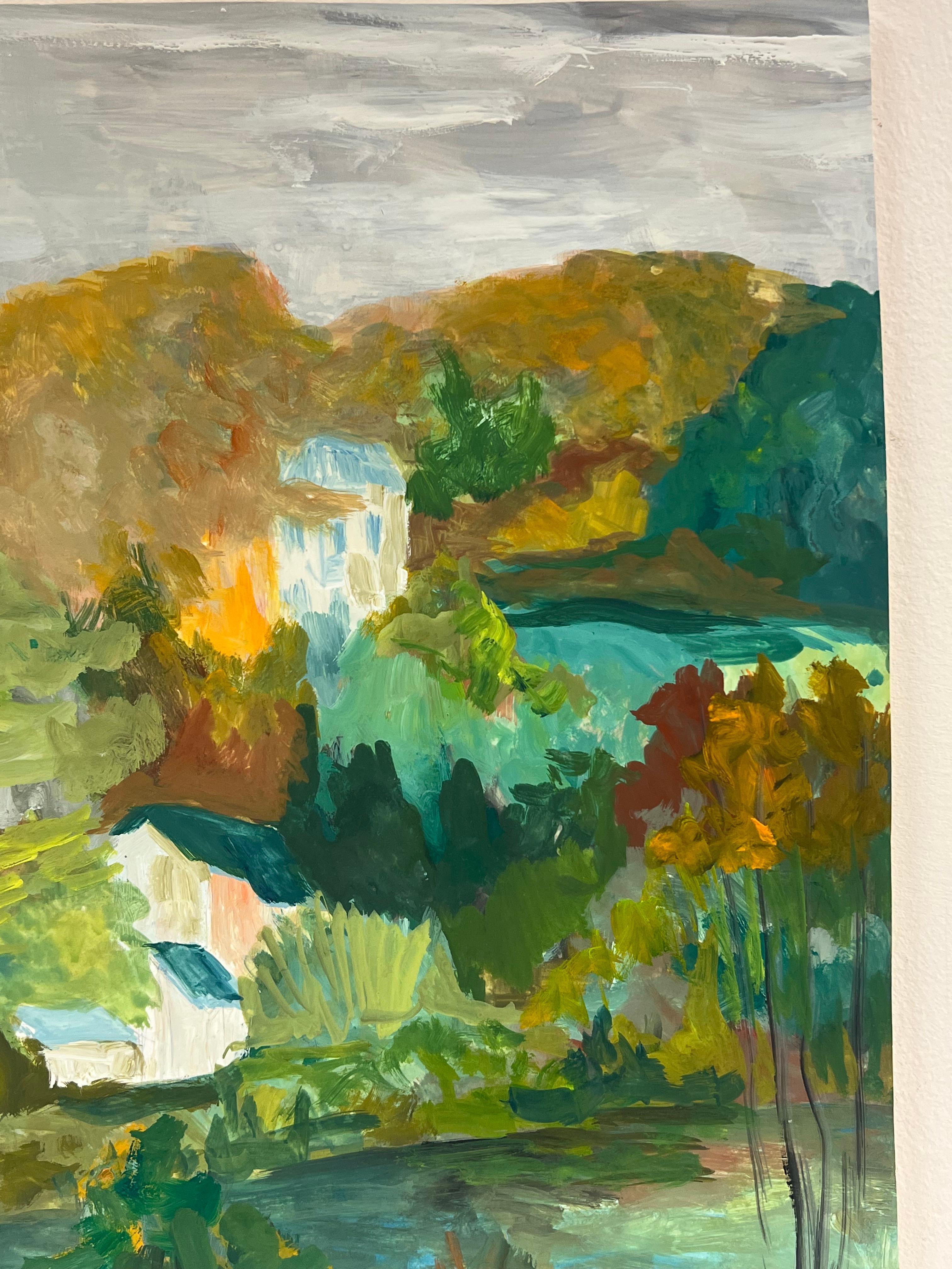 1950's Nestled Houses In Autumnal Riverside Landscape French Oil Landscape For Sale 2