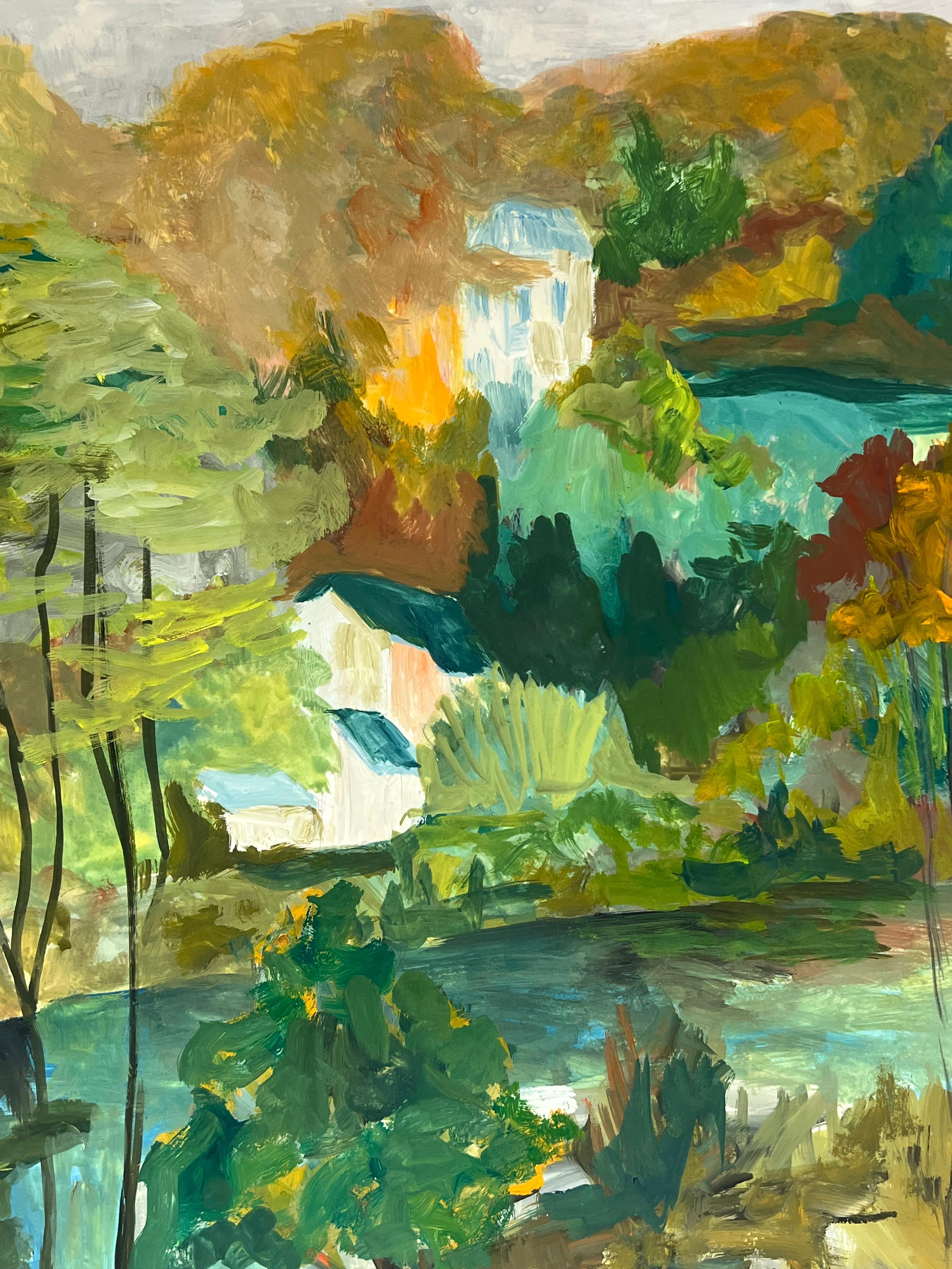 1950's Nestled Houses In Autumnal Riverside Landscape French Oil Landscape For Sale 3