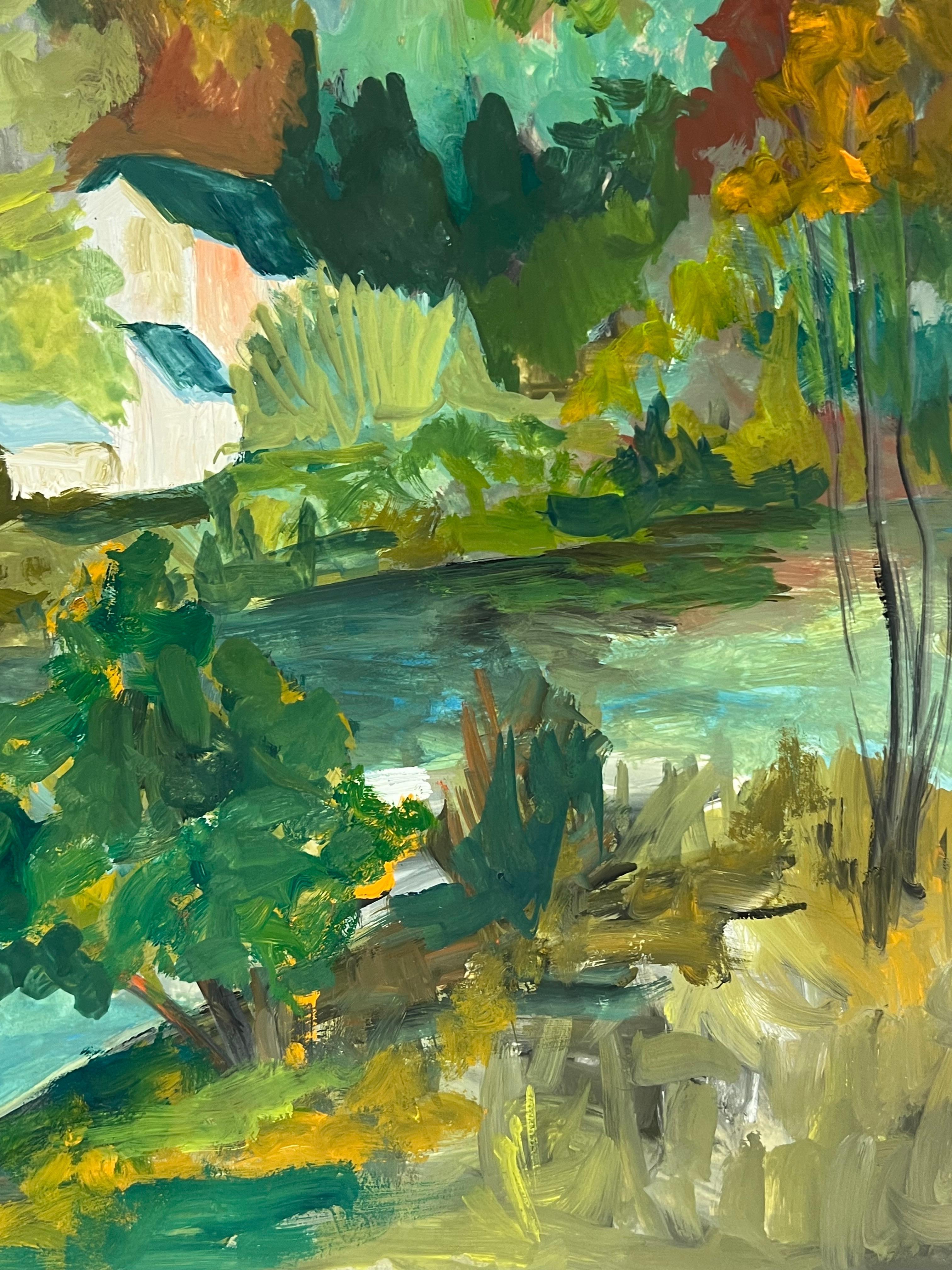 1950's Nestled Houses In Autumnal Riverside Landscape French Oil Landscape For Sale 4