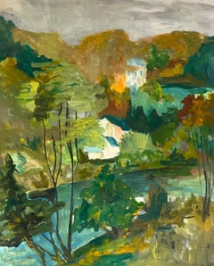 1950's Nestled Houses In Autumnal Riverside Landscape French Oil Landscape