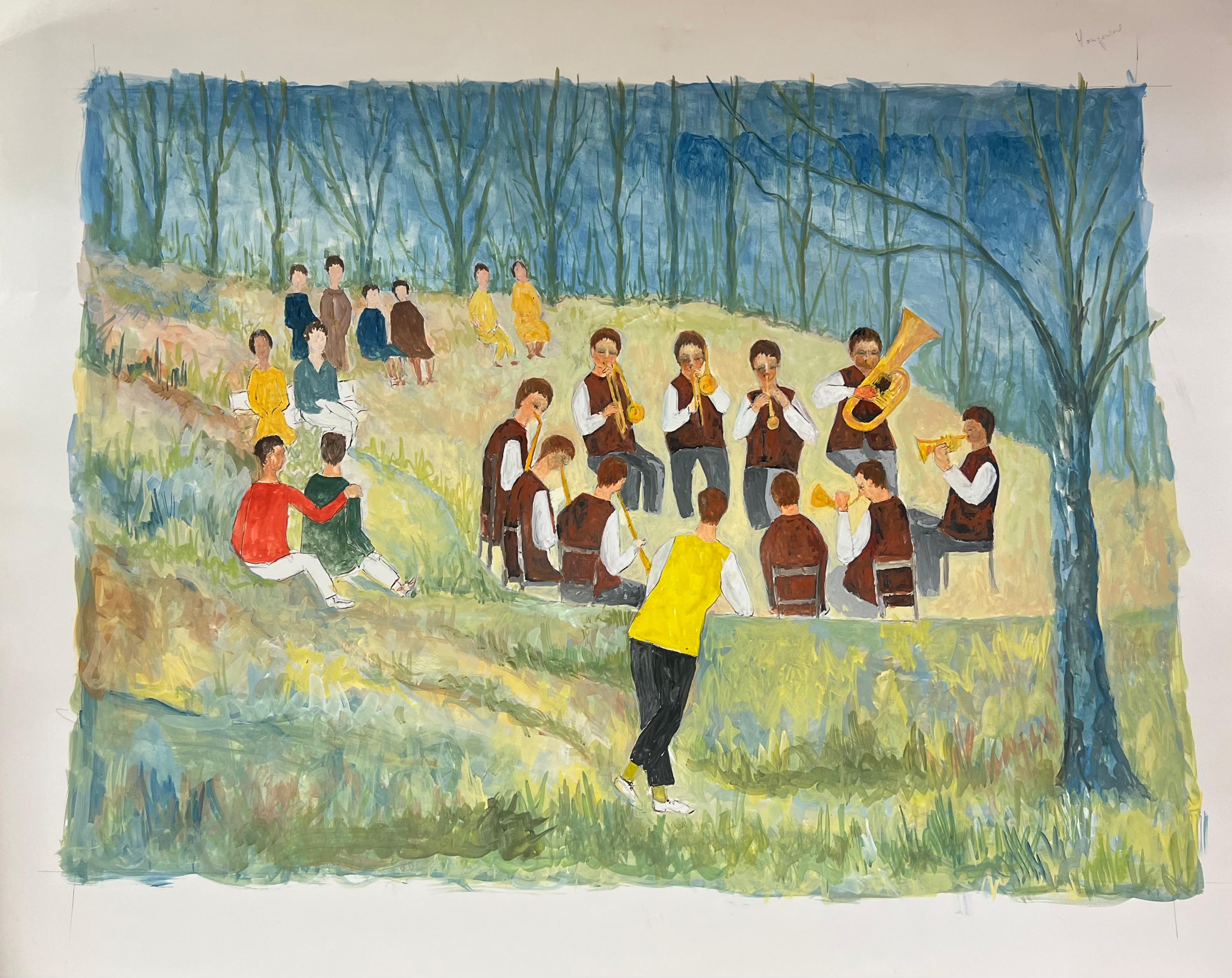 Concierto de Jazz al Aire Libre de los Años 50 en el Bosque de Verano Paisaje Francés - Painting de Bernard Labbe