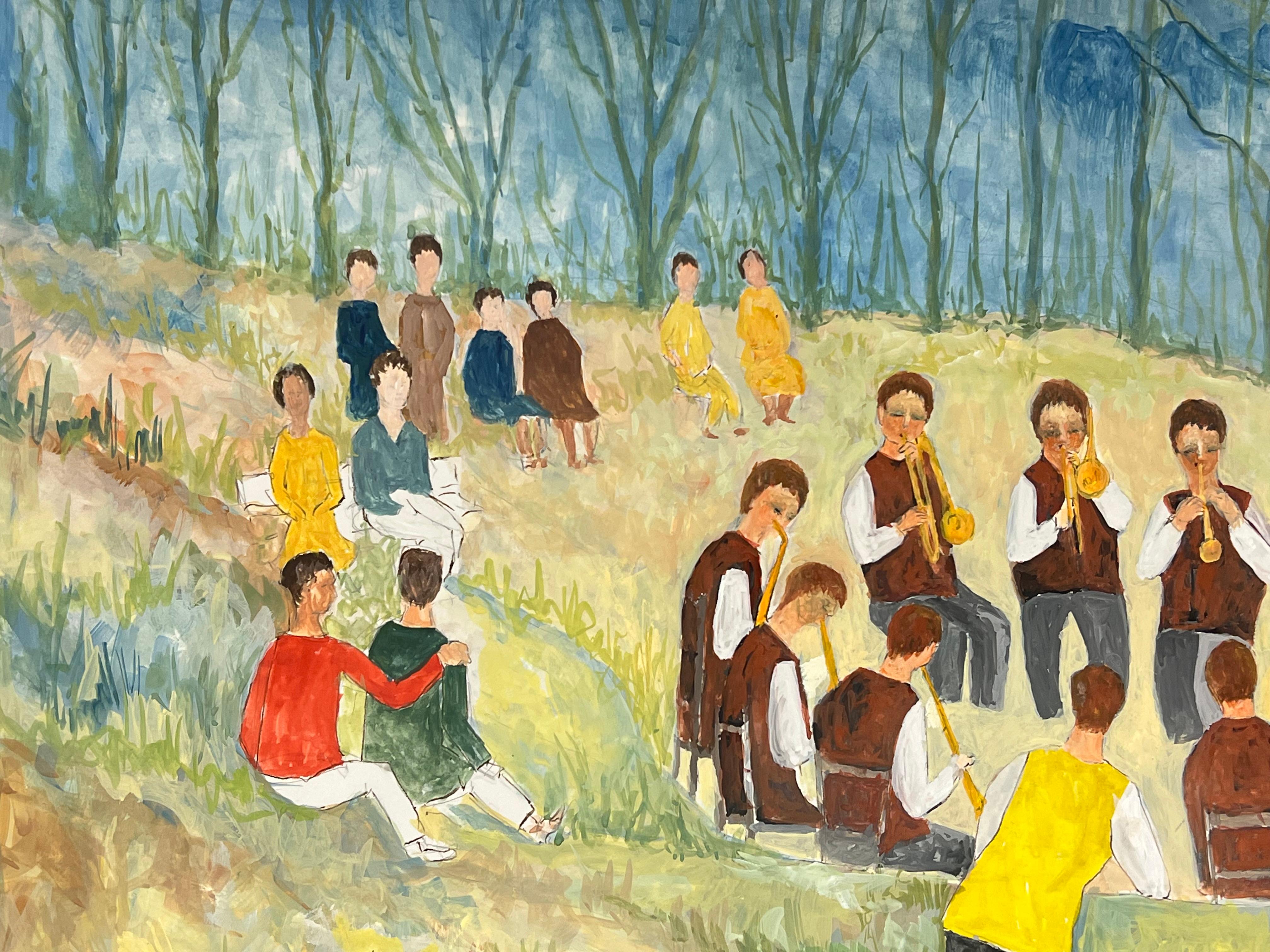 Concierto de Jazz al Aire Libre de los Años 50 en el Bosque de Verano Paisaje Francés - Figurative Painting Gris de Bernard Labbe