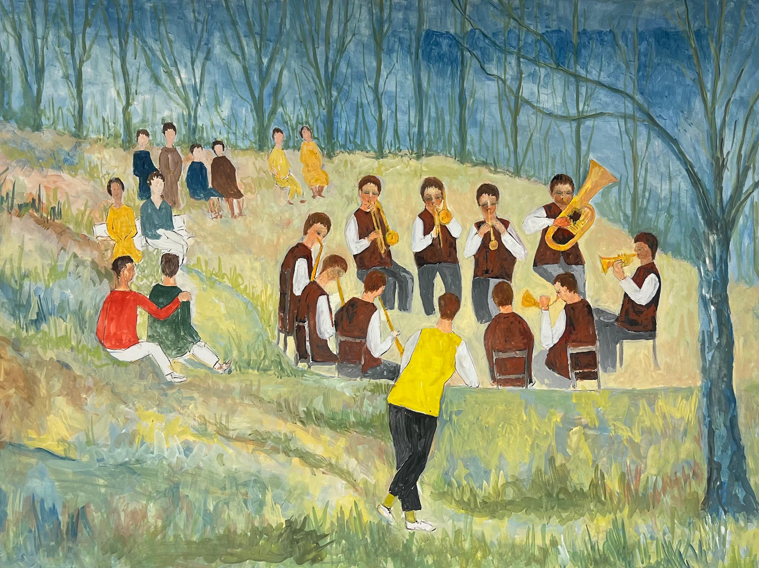 Figurative Painting de Bernard Labbe - Concierto de Jazz al Aire Libre de los Años 50 en el Bosque de Verano Paisaje Francés