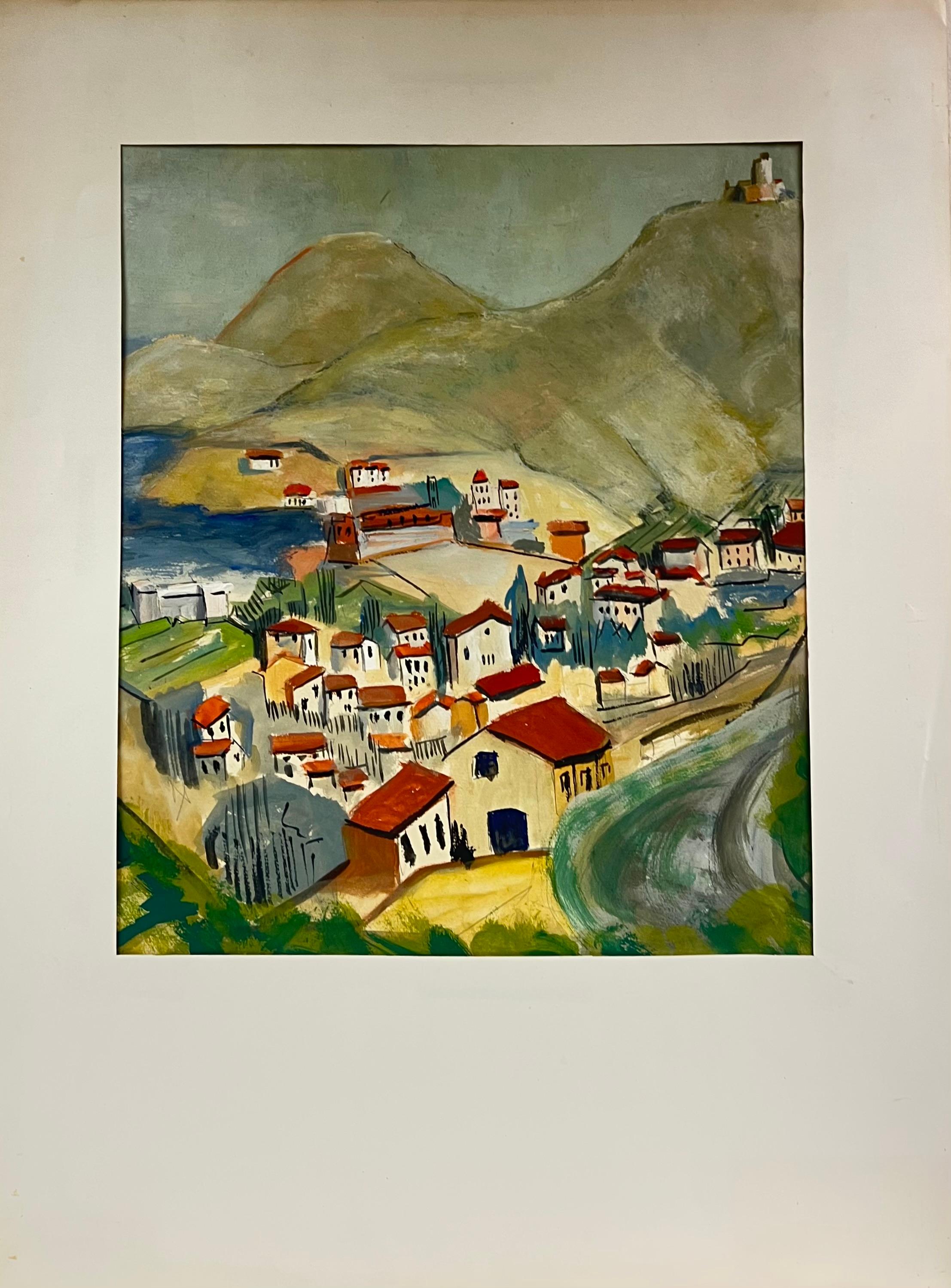 Villaggio francese con tetto rosso degli anni '50 con Roll & Hill e vista sulla costa - Painting di Bernard Labbe