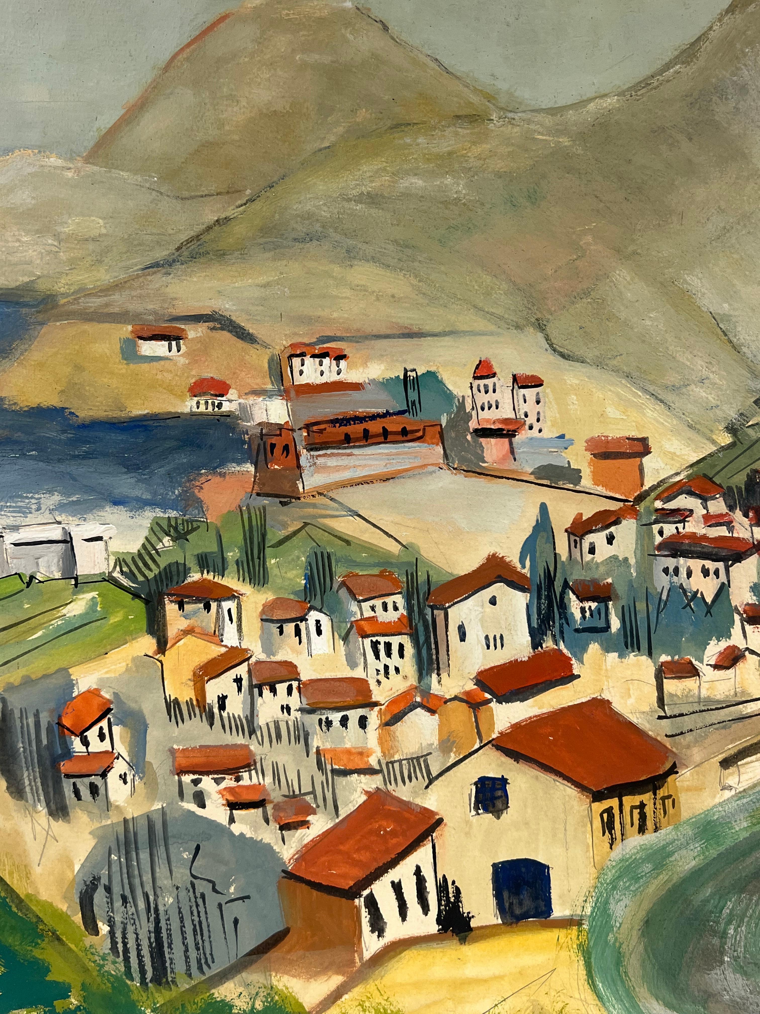 Villaggio francese con tetto rosso degli anni '50 con Roll & Hill e vista sulla costa - Landscape Painting Marrone di Bernard Labbe