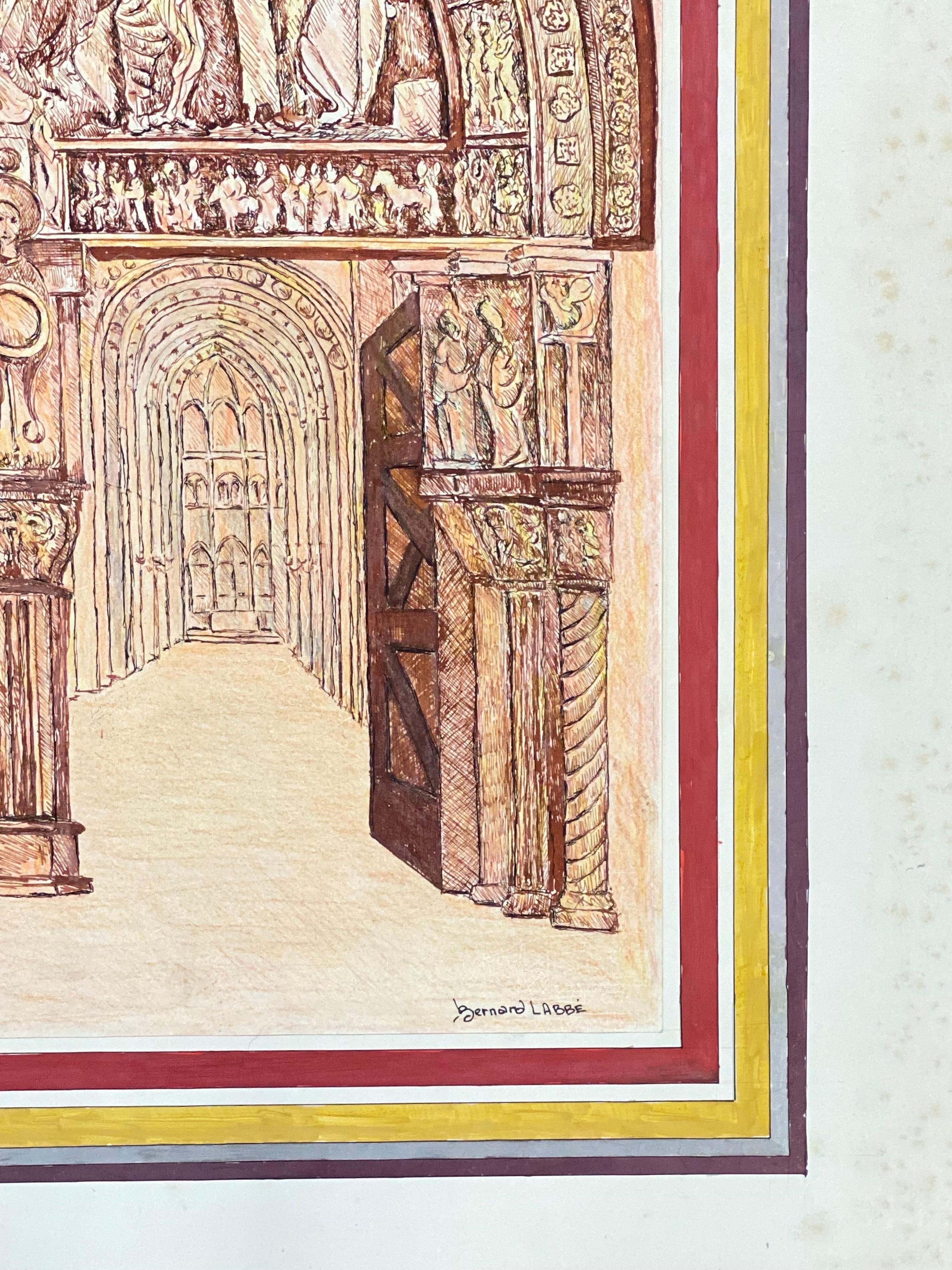 1950's Signed Modernist Painting  - Entrance Through To Cathedral  - Beige Figurative Art by Bernard Labbe