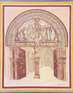 Peinture moderniste signée des années 1950  - entrée jusqu'à la cathédrale 