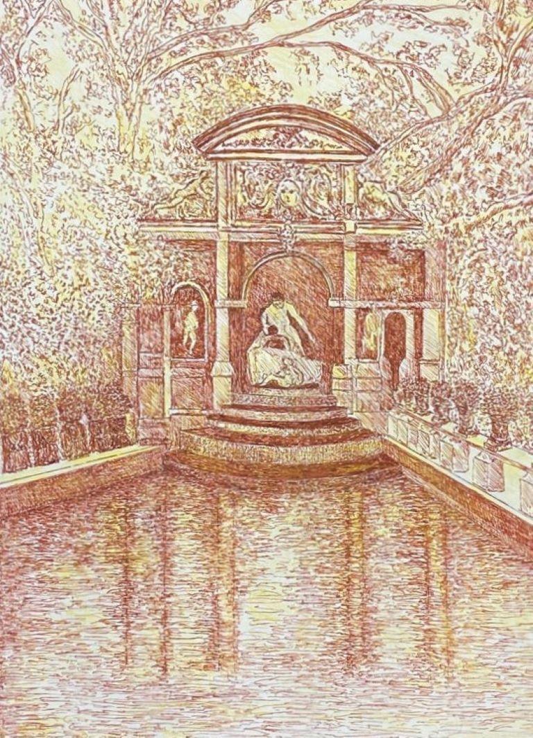 1950's Signed Modernist Painting  - Fine Drawing Of Historic Fountain
