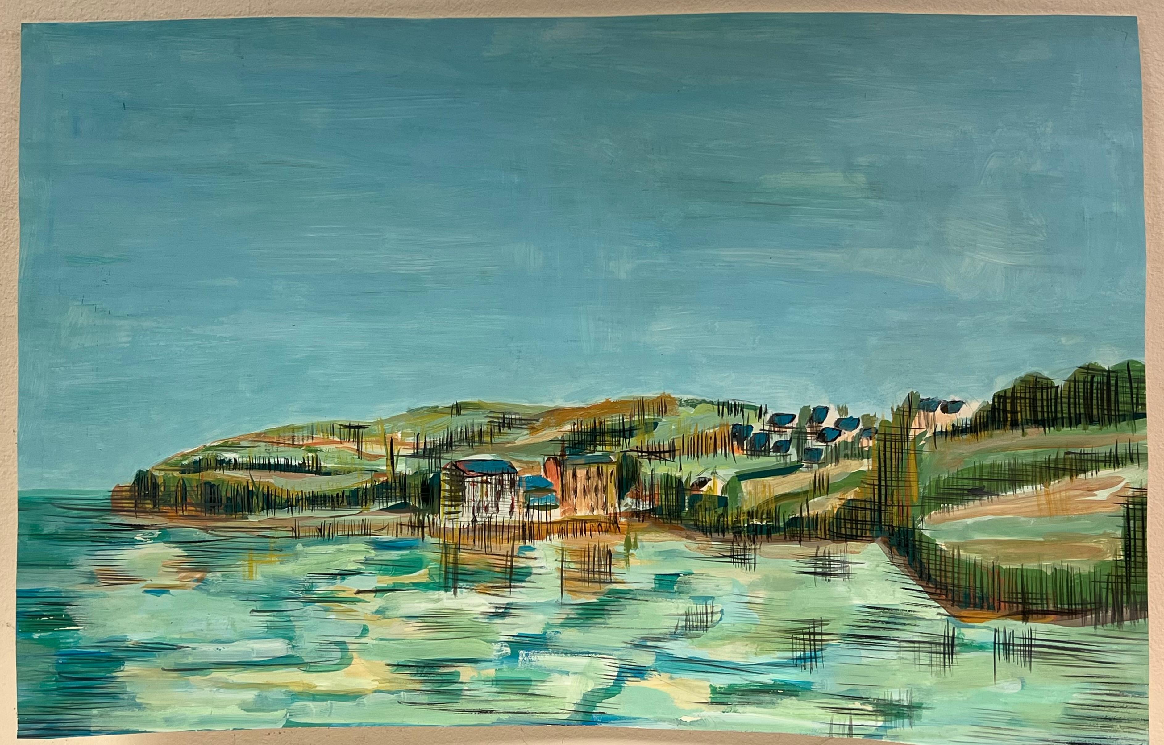 Verano de los años 50 Azul Reflejo de pueblo costero Paisaje francés - Painting de Bernard Labbe