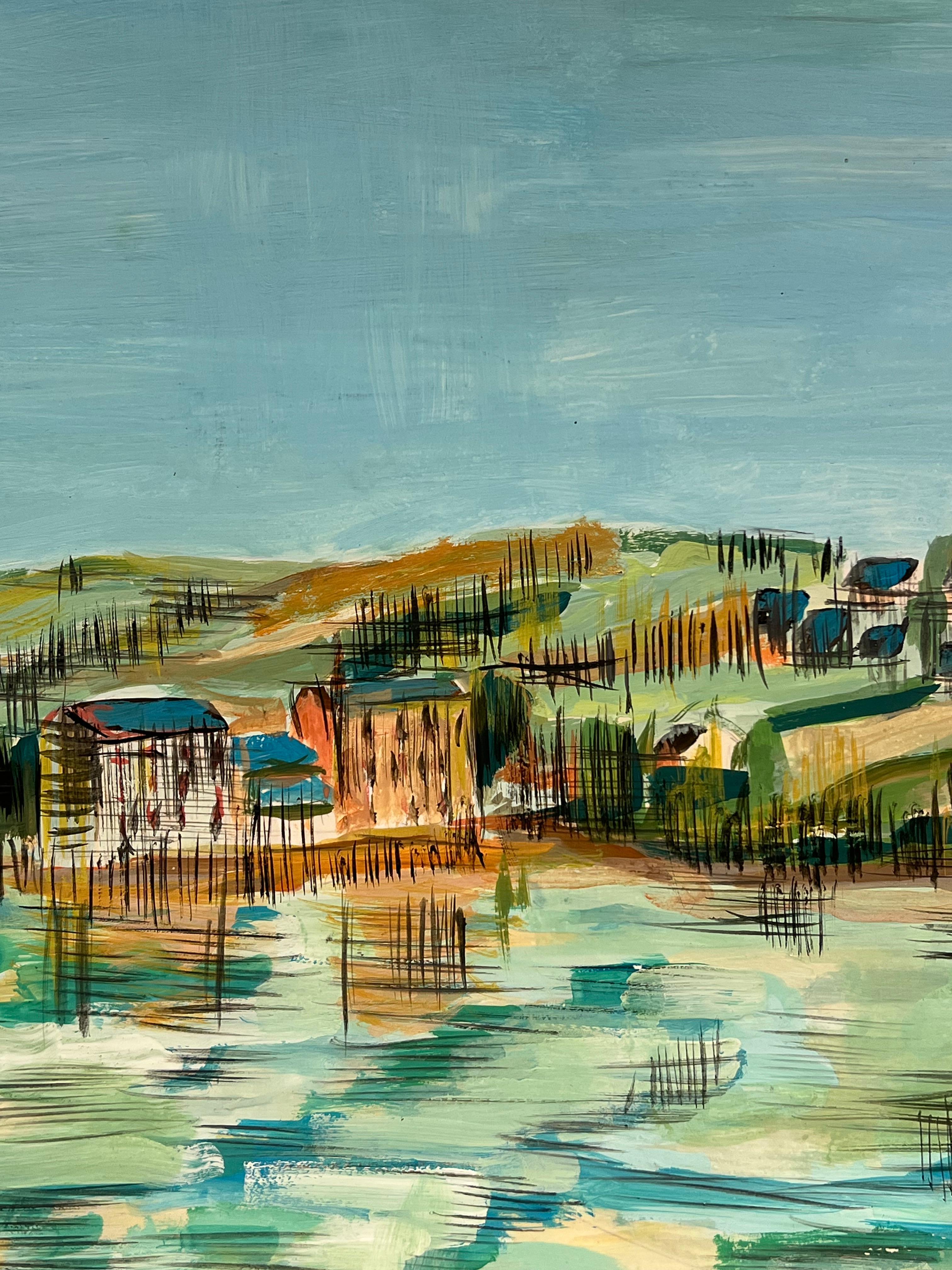 Verano de los años 50 Azul Reflejo de pueblo costero Paisaje francés - Painting Moderno de Bernard Labbe