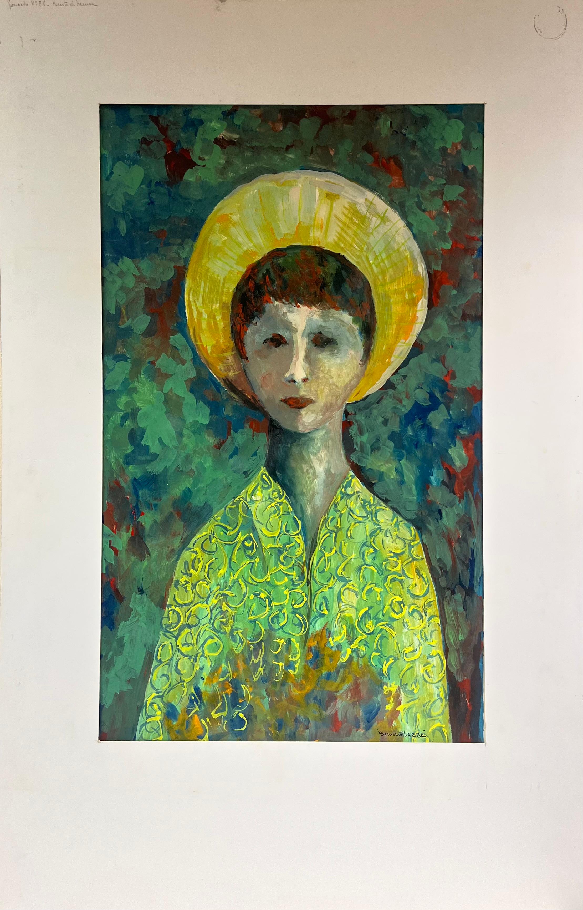 Ritratto simbolista degli anni '50 Giovane figura con mantello verde esotico - Painting di Bernard Labbe
