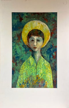 1950's Symbolist Portrait Young Figure in Exotic Green Cloak